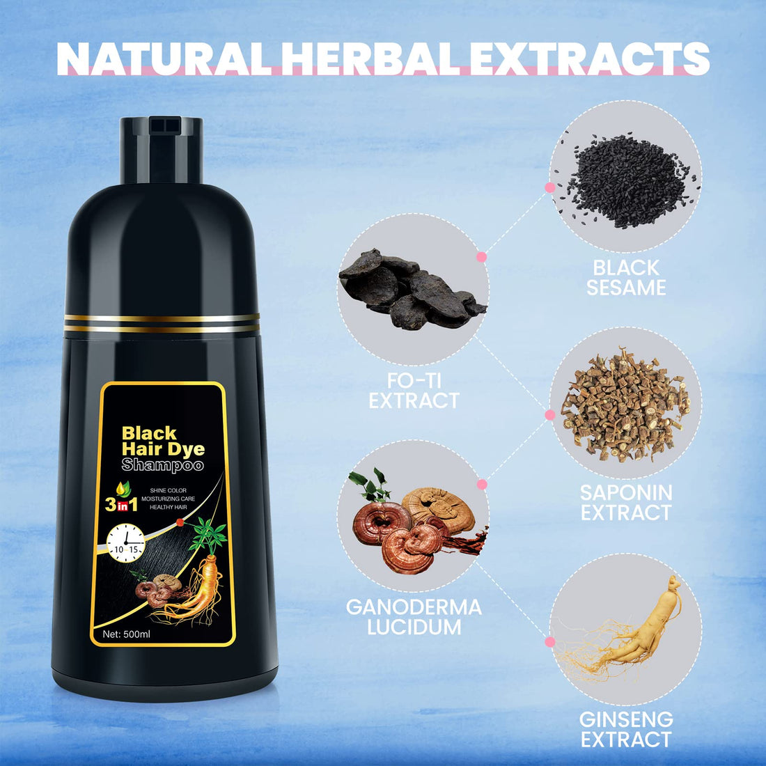 IIIMEIDU Hair Dye Shampoo for Gray Hair Coverage, 3 in 1 Natural Black Dye for Women Men, 500ml