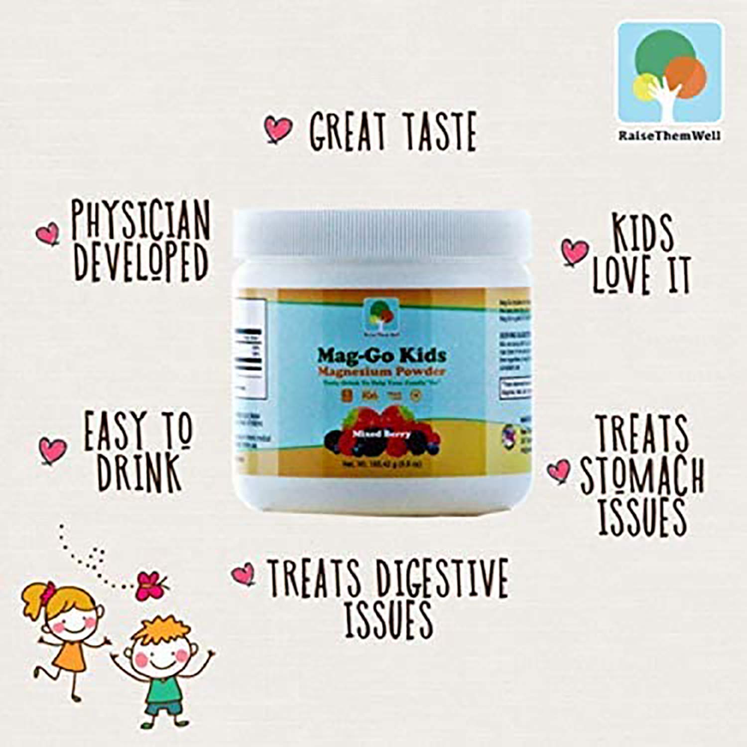 Raise Them Well Mag-Go Kids Magnesium Powder | Constipation Relief (Mixed Berry) | 90 Servings per Tub