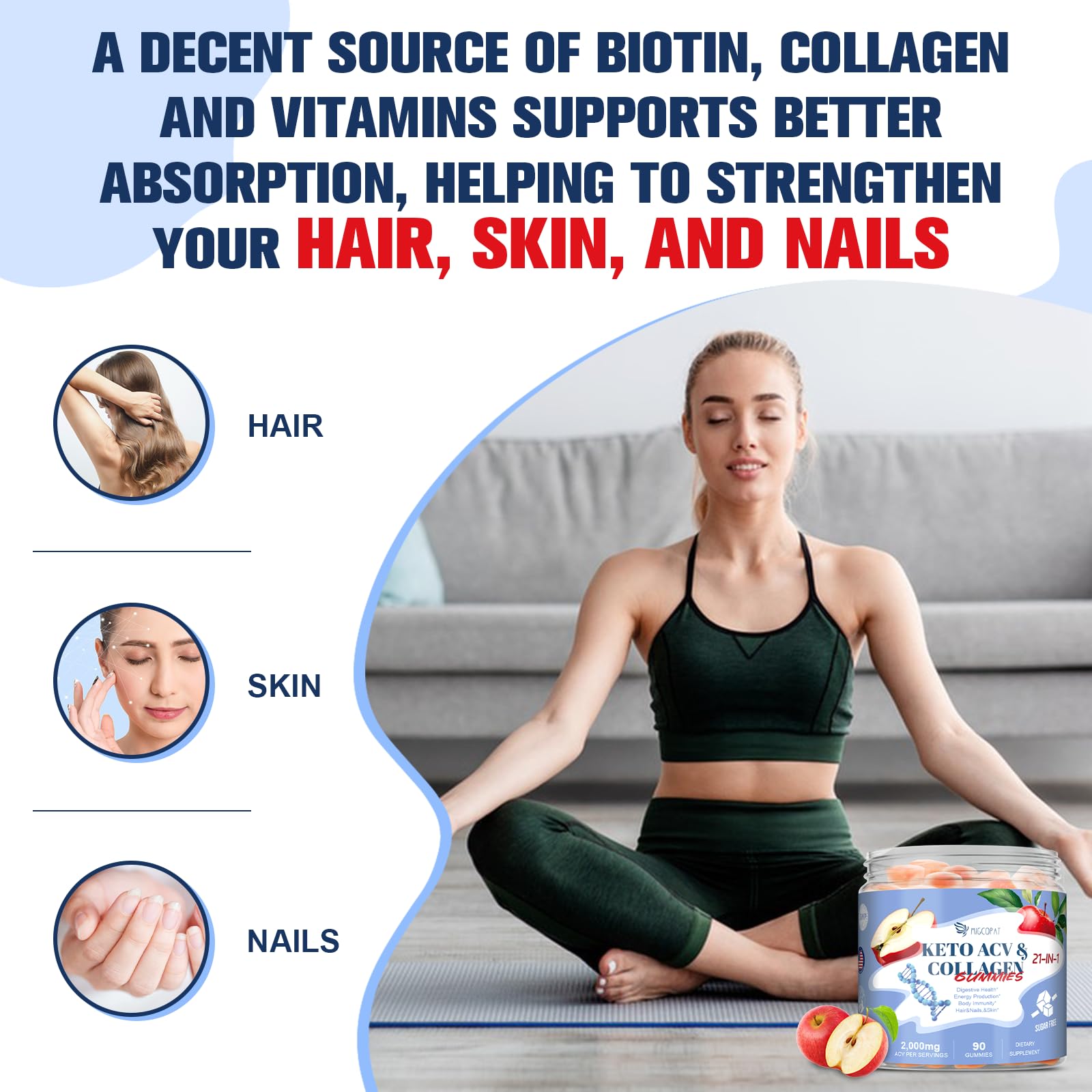 Sugar Free Apple Cider Vinegar Gummies, 21 in 1 Keto ACV Gummies with Multi Collagen Peptides, Biotin, Probiotics, Vitamins for Healthy Hair, Skin, Nails & Digestive Support, Apple Flavored, 90 Count