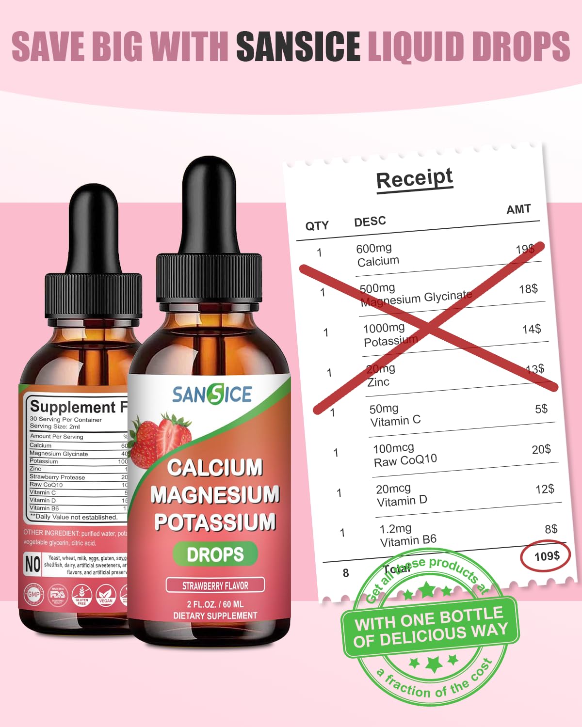 SANSICE Calcium Magnesium Potassium Supplements, Magnesium Glycinate 400mg Zinc Multivitamin Drops Calcium Potassium Supplement High Absorption Vegan Non GMO (60ml/Strawberry Flavor)