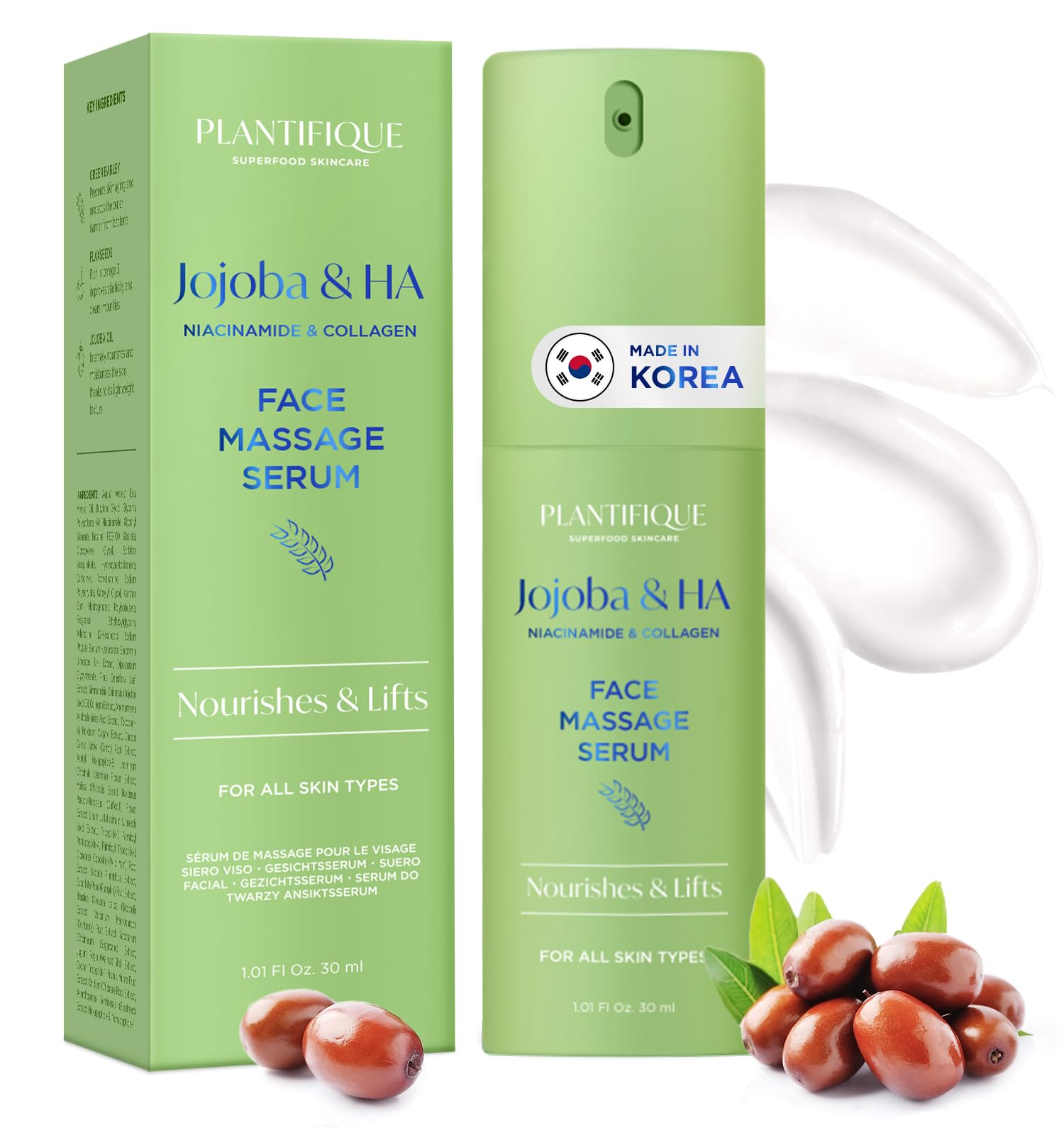 PLANTIFIQUE Korean Jojoba Oil & Hyaluronic Acid Face Massage Serum – Hydrating Anti-Aging Collagen & Niacinamide Formula – Perfect for Gua Sha Facial Massage – Gift for Men & Women