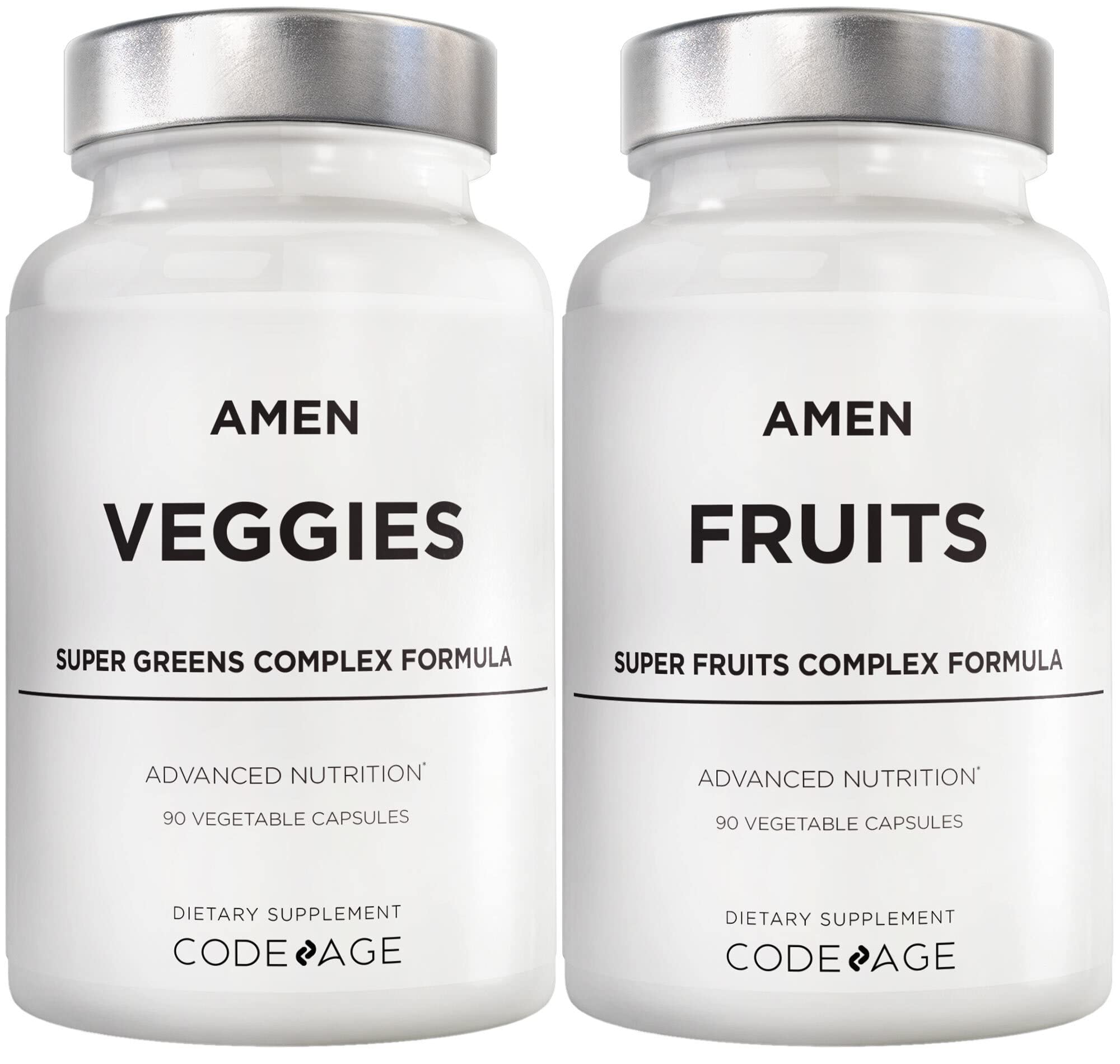 Amen Fruits + Veggies Vitamins Bundle, Raw Whole Food Multivitamin Capsules, Greens Vegetables, Red Fruits & Berries Vegan Blend, Fibers + Phytonutrients Superfood Minerals Supplement, Non-GMO, 180 ct