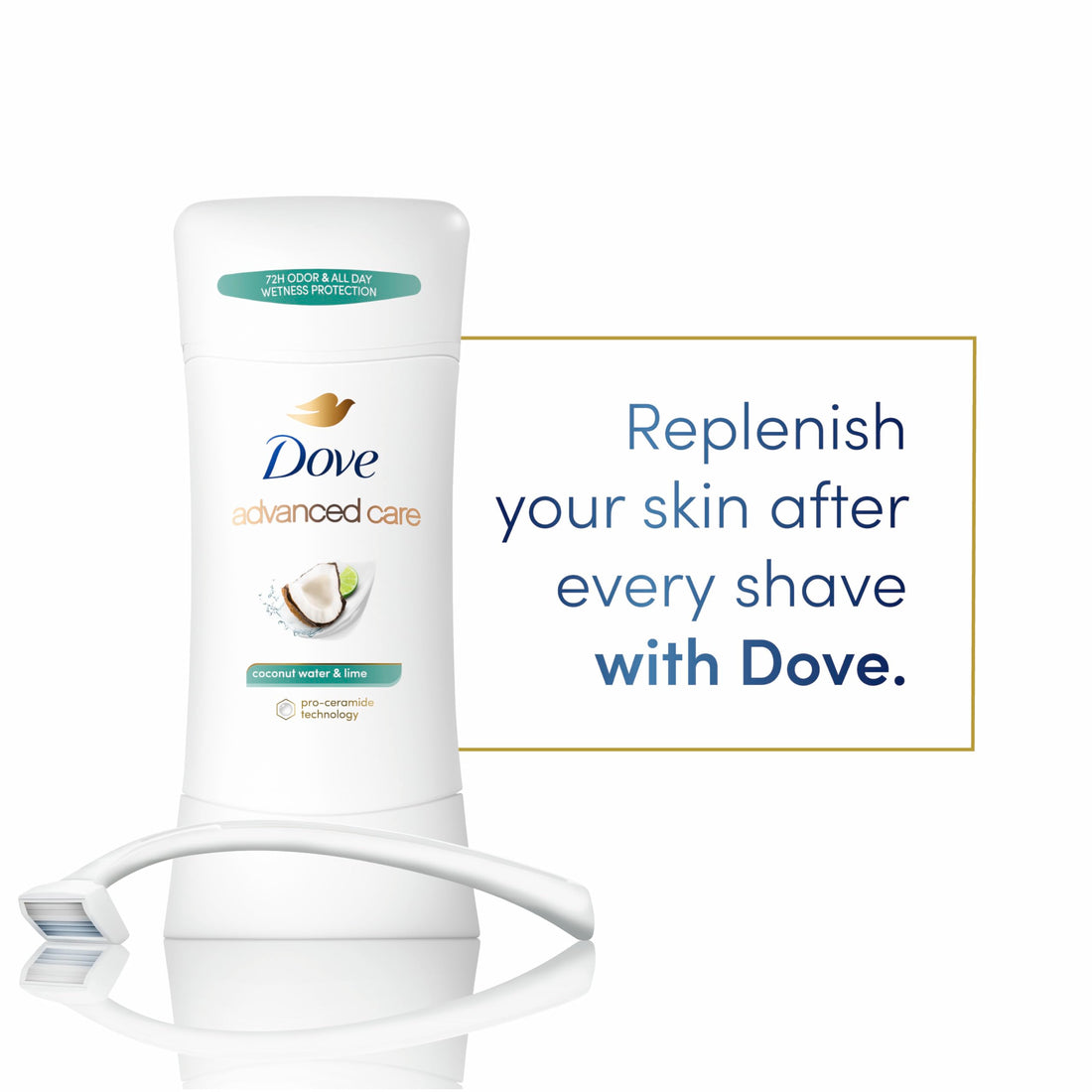 Dove Advanced Care Antiperspirant Deodorant Stick Coconut Water & Lime scent 4 Ct for helping skin barrier repair after shaving 72H odor control & all-day sweat protection for soft underarms 2.6 oz