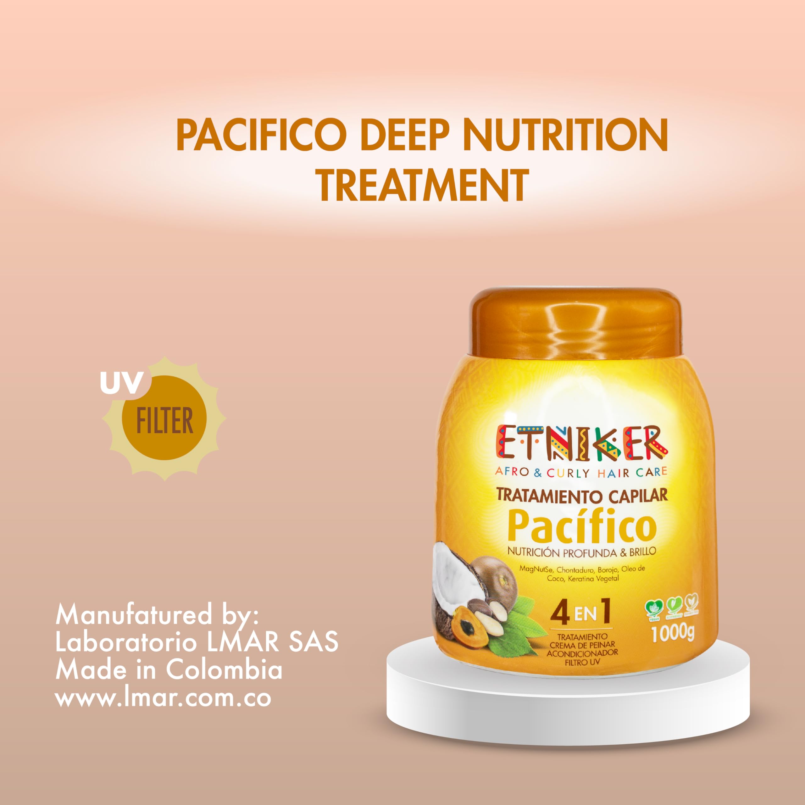 ETNIKER PACIFICO Hair Treatment for Afro, Curly & Wavy Hair | 4-in-1 Deep Conditioner, Styling Cream, UV Protection & Repair Mask | with Peach Palm, Borojo, Coconut Oil & Vegetable Keratin | 33 oz