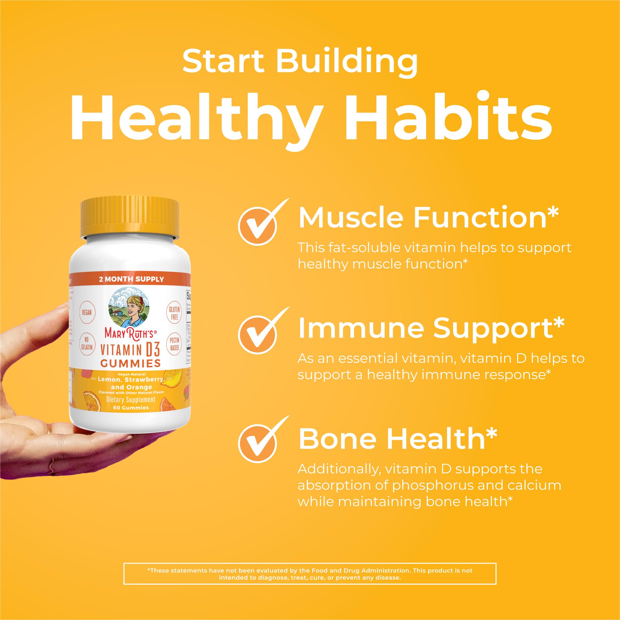 MaryRuth Organics Vitamin D3 Gummies, 2 Month Supply, Adults & Kids Gummies, Immune Support Supplement, Vitamin D3 1000IU for Bone Health & Muscle Function, Vegan, Non-GMO, Gluten Free, 60 Count