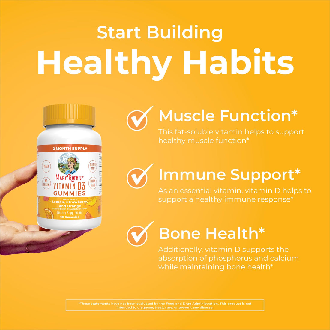 MaryRuth Organics Vitamin D3 Gummies, 2 Month Supply, Adults & Kids Gummies, Immune Support Supplement, Vitamin D3 1000IU for Bone Health & Muscle Function, Vegan, Non-GMO, Gluten Free, 60 Count