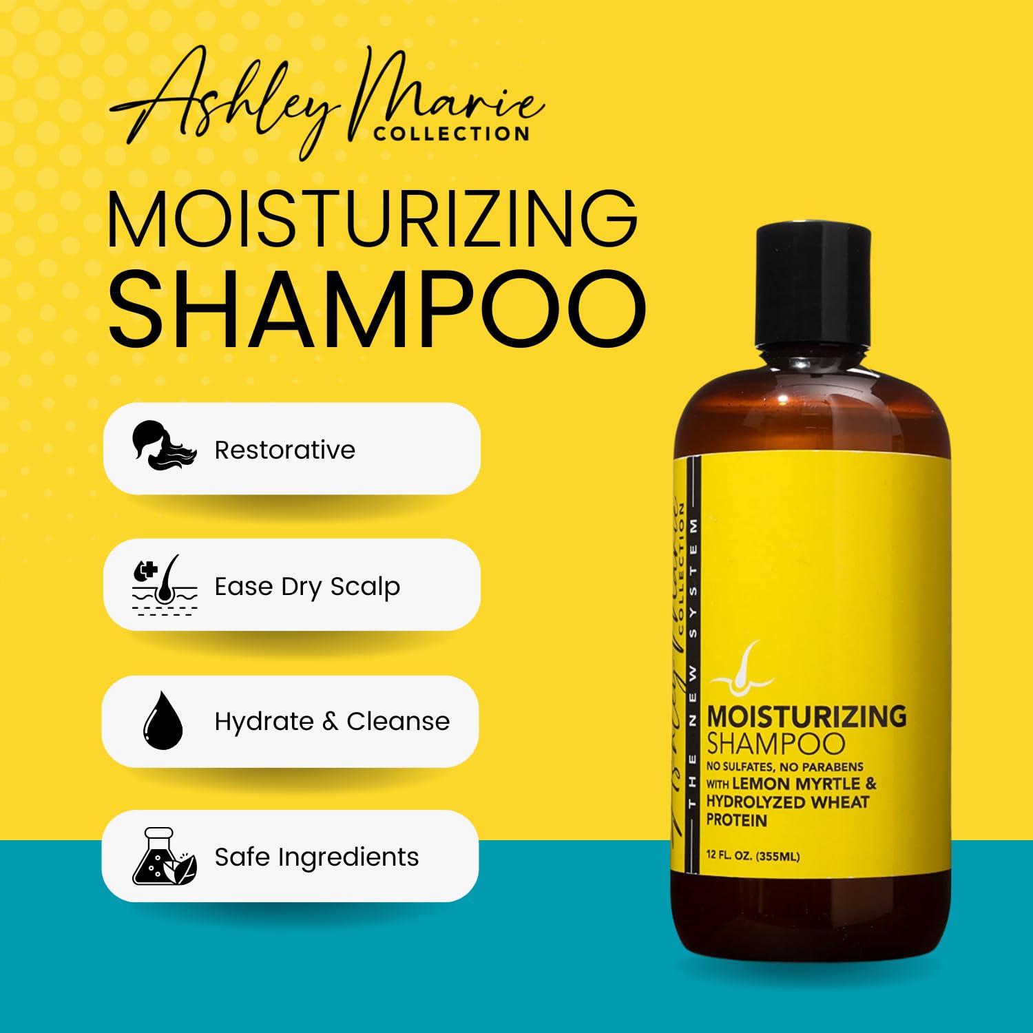 The Hair Diagram - Ashley Marie Moisturizing Shampoo - Natural Cleansing & Strengthening - Restorative Lemon Myrtle Shampoo with Hydrolyzed Wheat Protein - Color Safe - Paraben & Sulfate Free - 12oz