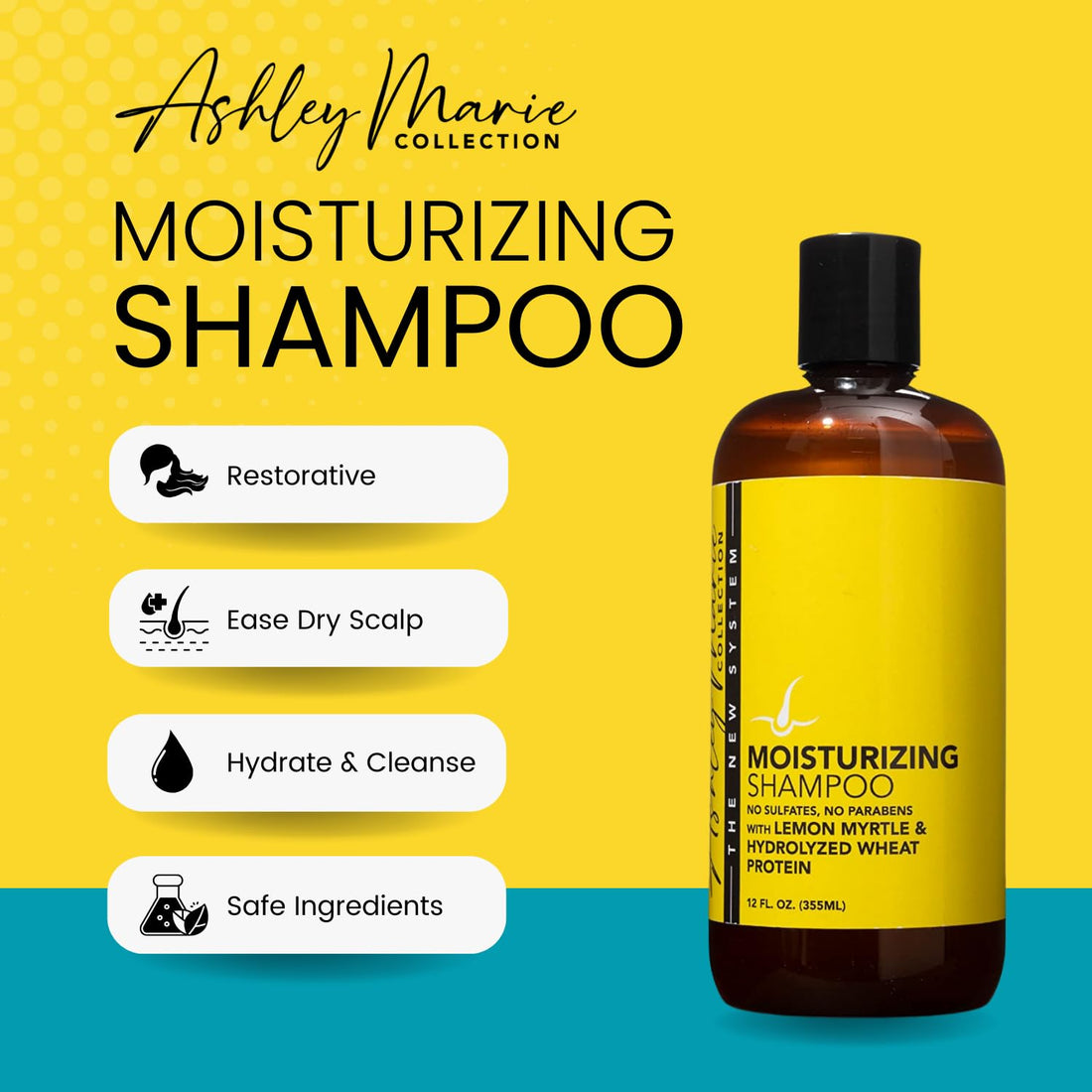 The Hair Diagram - Ashley Marie Moisturizing Shampoo - Natural Cleansing & Strengthening - Restorative Lemon Myrtle Shampoo with Hydrolyzed Wheat Protein - Color Safe - Paraben & Sulfate Free - 12oz