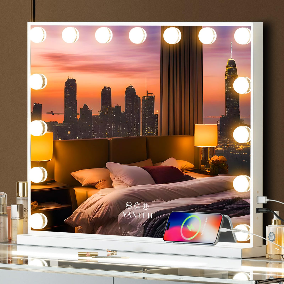 VANITII Hollywood Vanity Mirror with Lights USB Charging 22.8”*18.1” Lighted Makeup Mirror with 15 LED Bulbs Dimmable 3 Modes Tabletop for Cosmetic