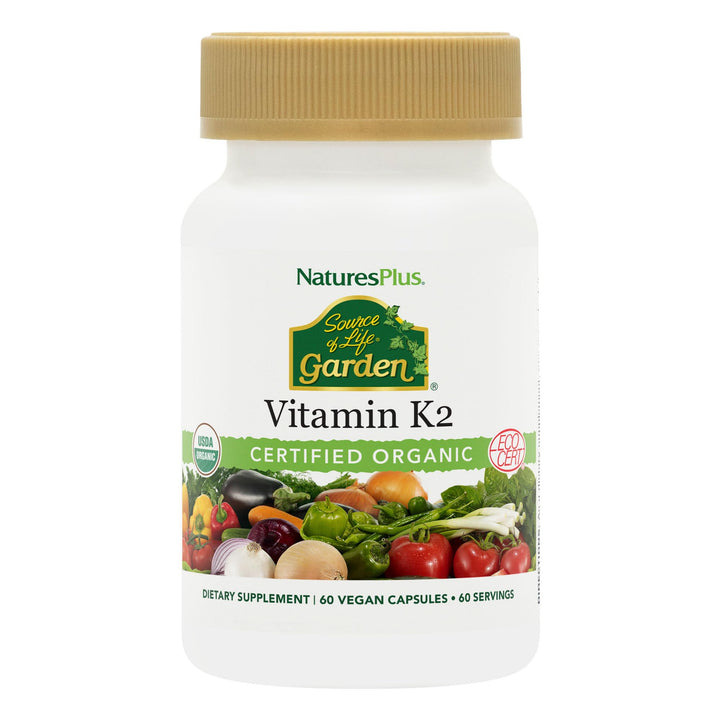 Natures Plus Source of Life Garden Certified Organic Vitamin K2-120 mcg, 60 Vegan Capsules - Bone Health Supplement - with Natural Whole Food Enzymes - Vegetarian, Gluten-Free - 60 Servings