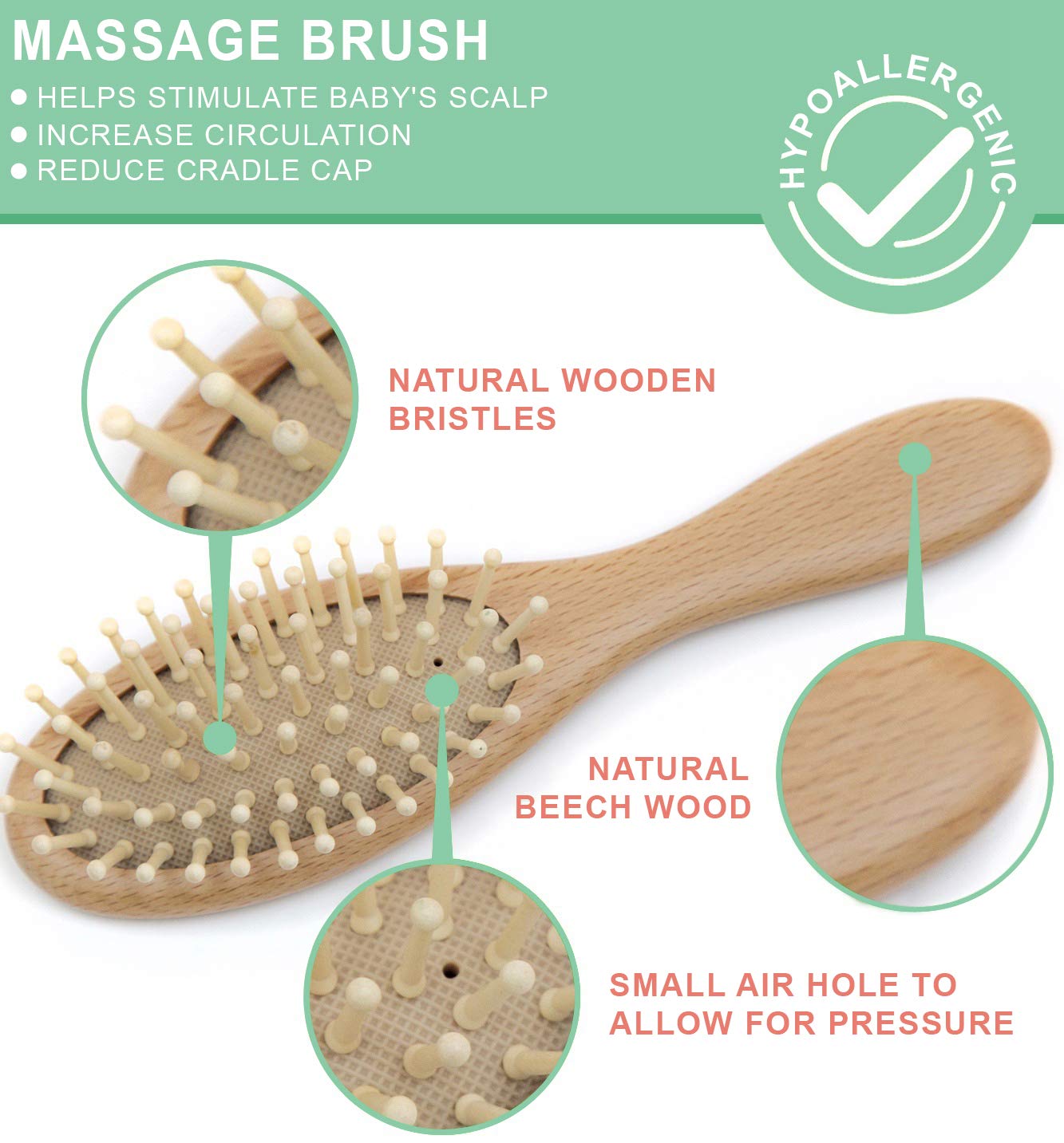 Wooden Hair Brush and Comb Set (4-Piece) for Newborns and Toddlers | Ideal for Cradle Cap | Massage and Scalp Bristles | Perfect Baby Registry Gift