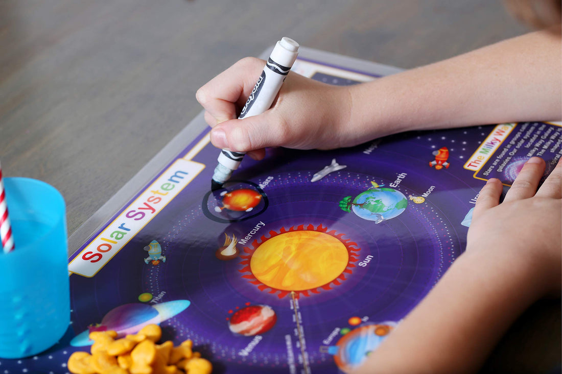 Learn Planet Names and Facts – Made in USA - Front and Back Activities-Solar System Educational Placemat for Kids - Waterproof, Washable, Durable, Reusable – by Tot Talk – 11.5” x 17.5”