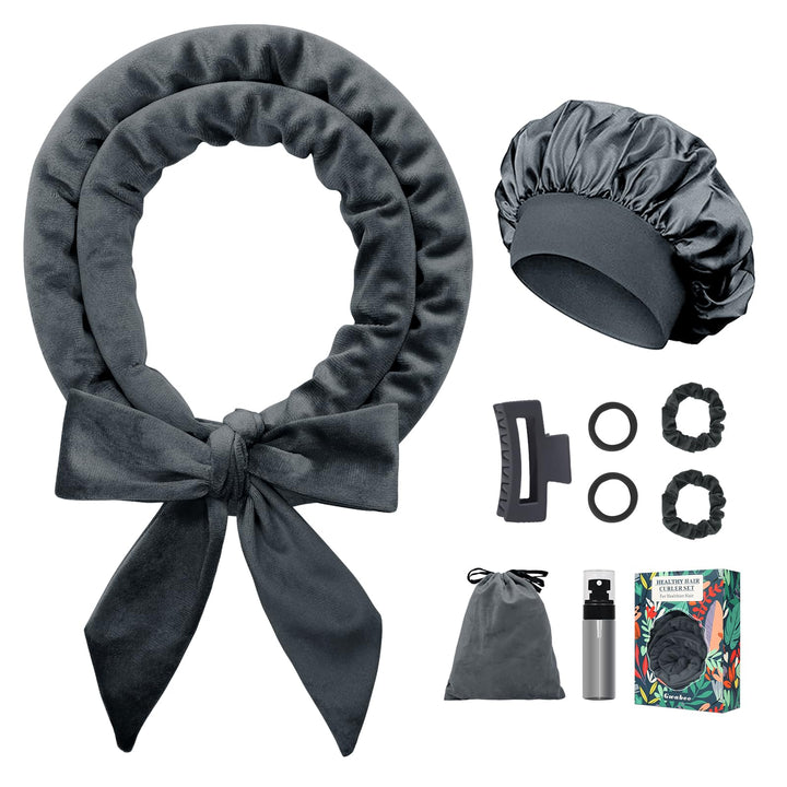 Gwabee No Heat Overnight Hair Curlers Headband, 70 Soft Ribbon Curl Wrap for Long Hair - 9 PCS Curling Rods Set - Grey