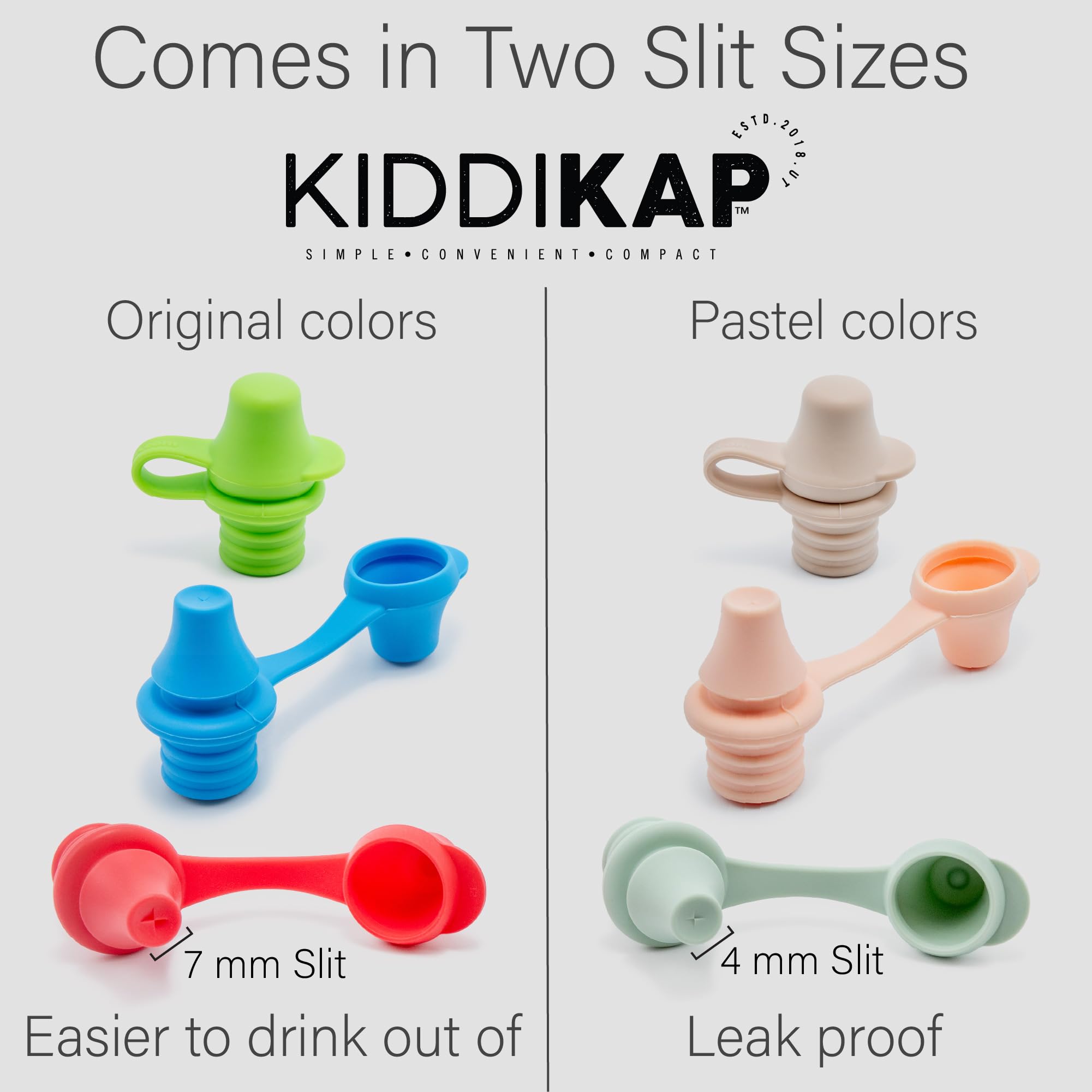 Kiddikap Original Water and Juice Bottle Topper, Soft Silicone Leak Proof Spout Conversion Cap to Make Spill Proof Drinks for Toddlers, Kids, or Adults, Travel Essential - 3 Pack (Blue, Green, Red)