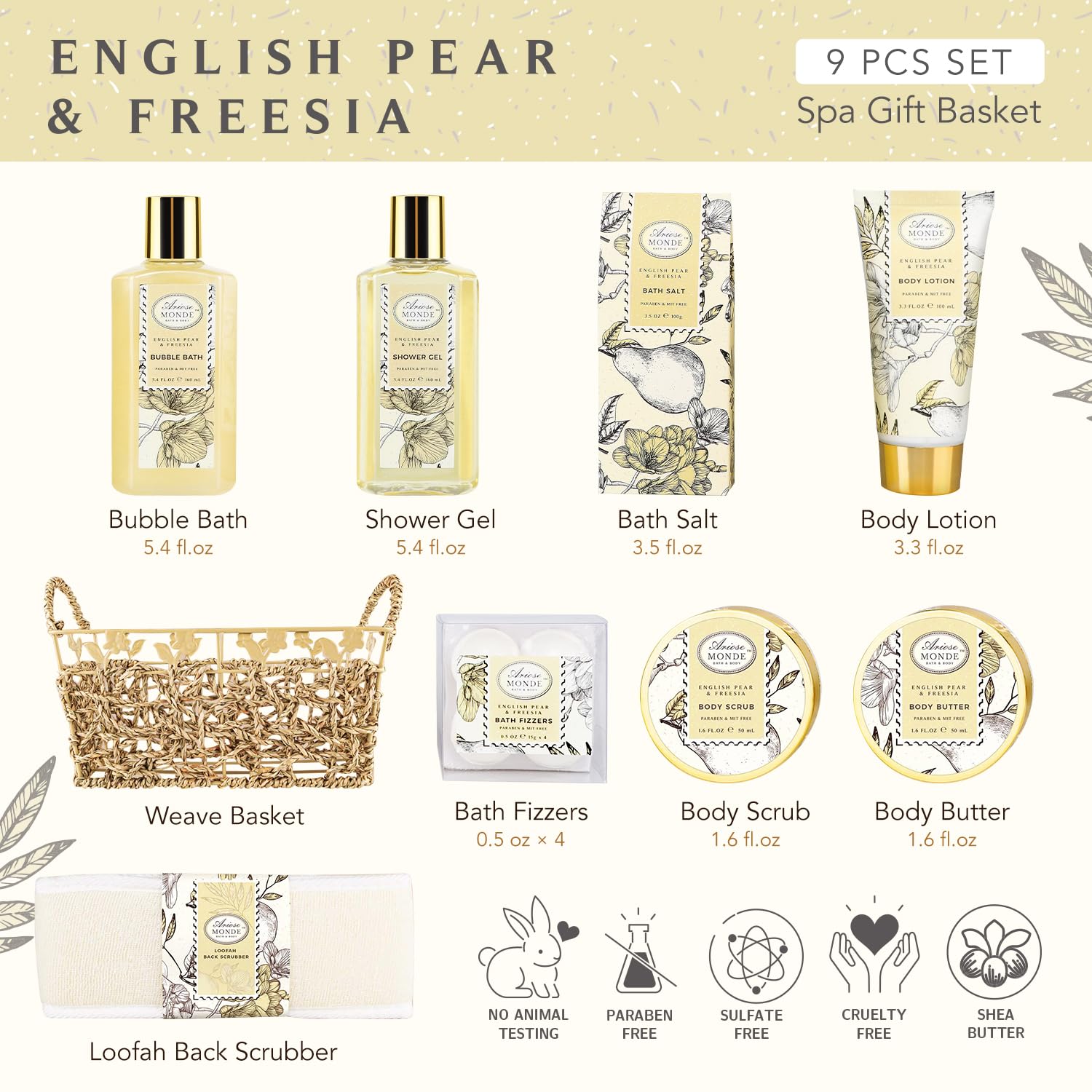 Bath & Shower Spa Gift Basket Set, with English Pear & Freesia Fragrance Bath Gift Basket for Women & Men Includes Body Lotion, Shower Gel, Bath Salts, Bubble Bath, Body Scrub and More, 8 Pcs