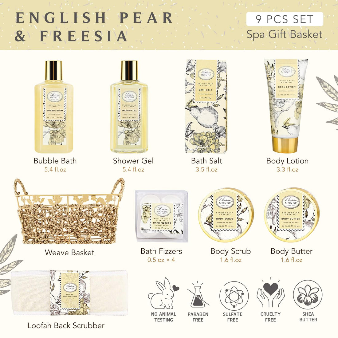 Bath & Shower Spa Gift Basket Set, with English Pear & Freesia Fragrance Bath Gift Basket for Women & Men Includes Body Lotion, Shower Gel, Bath Salts, Bubble Bath, Body Scrub and More, 8 Pcs