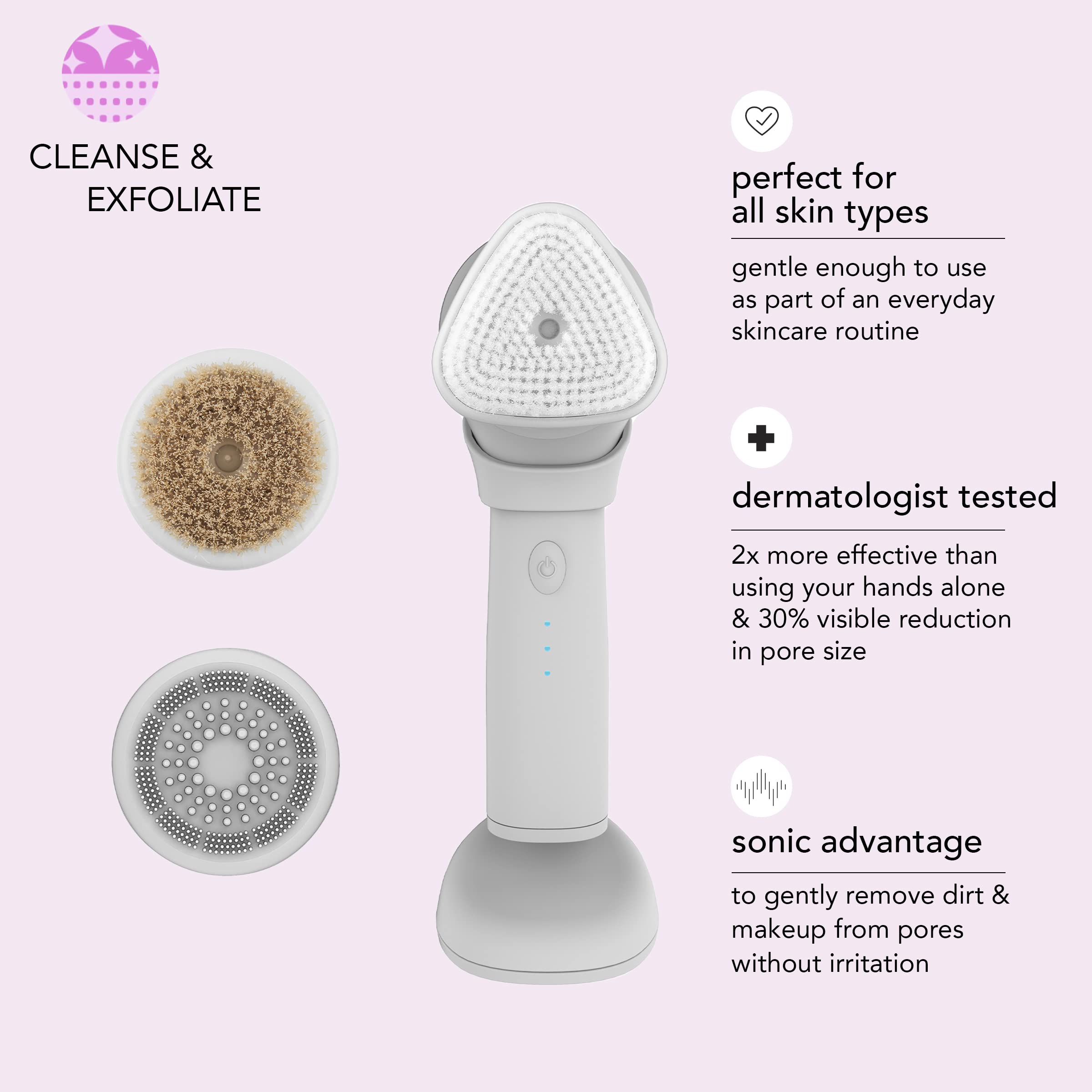 SKN by Conair Daily Glow Sonic Facial Brush, All-in-One Facial Brush Includes 3 Interchangeable Attachments for Complete Cleansing, Exfoliation, and Rejuvenation