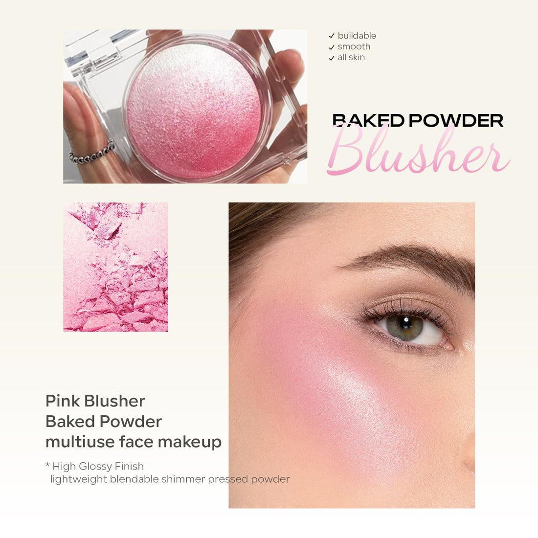 KYDA Pink Baked Blush, Pink Glow Powder for Blush and Highlighter, High Glossy Finish, Lightweight Blendable Shimmer Blusher, Multiuse Baked Powder, 0.53 oz