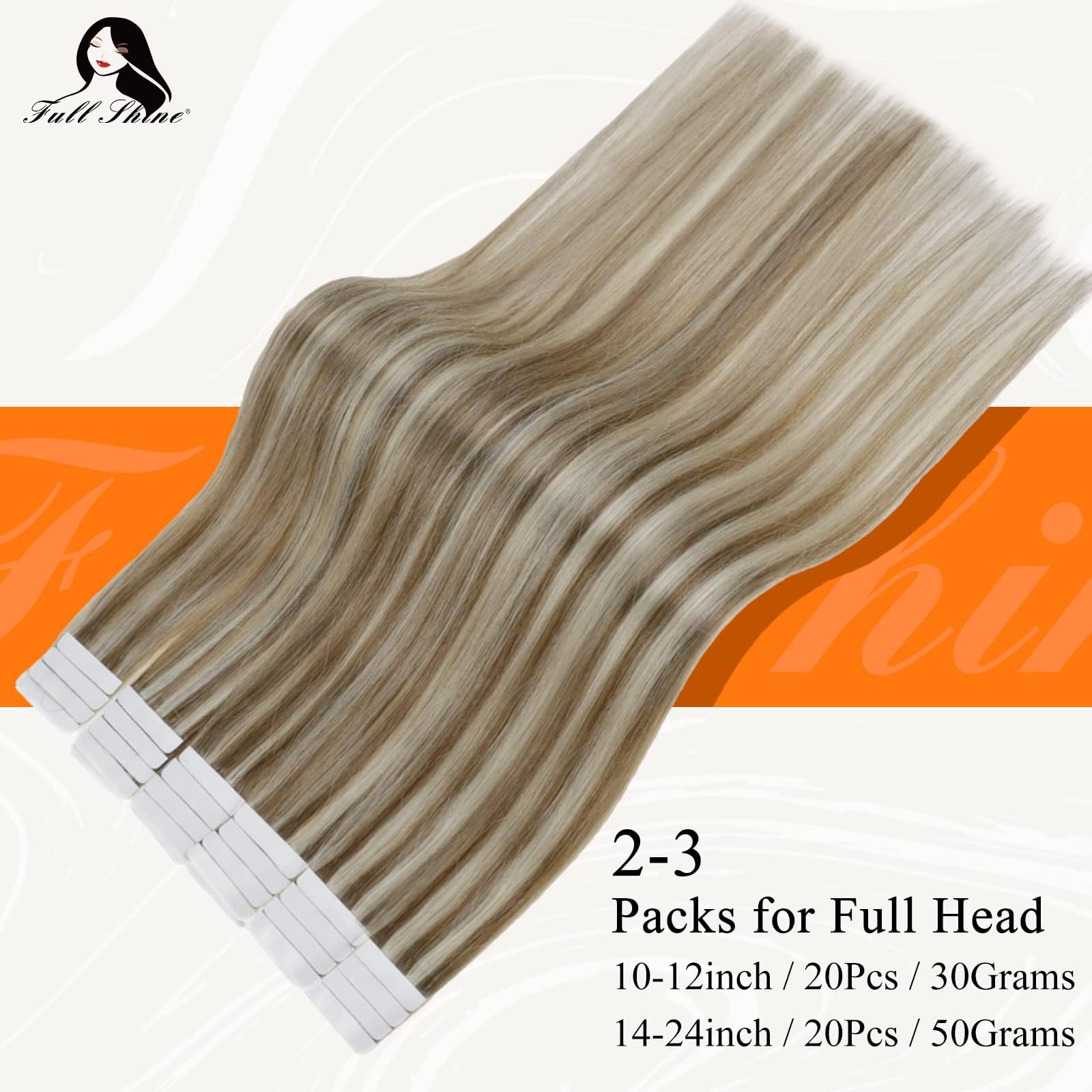 Fshine Seamless Tape Hair Extensions 14 Inch Tape in Remy Hair Highlighted Tape in Real Hair Color 8P60 Blonde Glue in Tape Hair Extensions 50 Grams Straight Hair 20Pcs