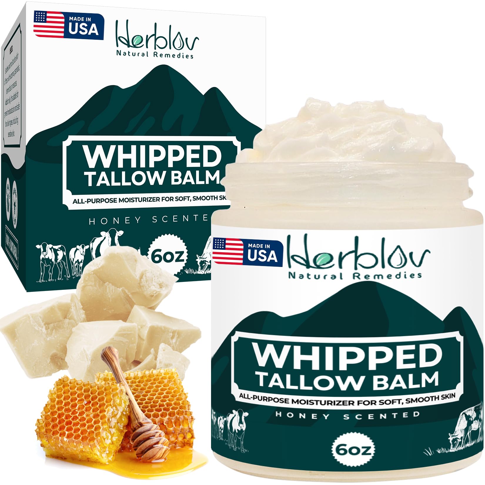 Beef Tallow Balm – Natural Grass Fed Whipped Tallow and Honey All Purpose Balm – Moisturizing Face and Body Lotion for Eczema, Cracked, Dry, Itchy, Irritated Skin – Skin Repair Skincare Made in USA