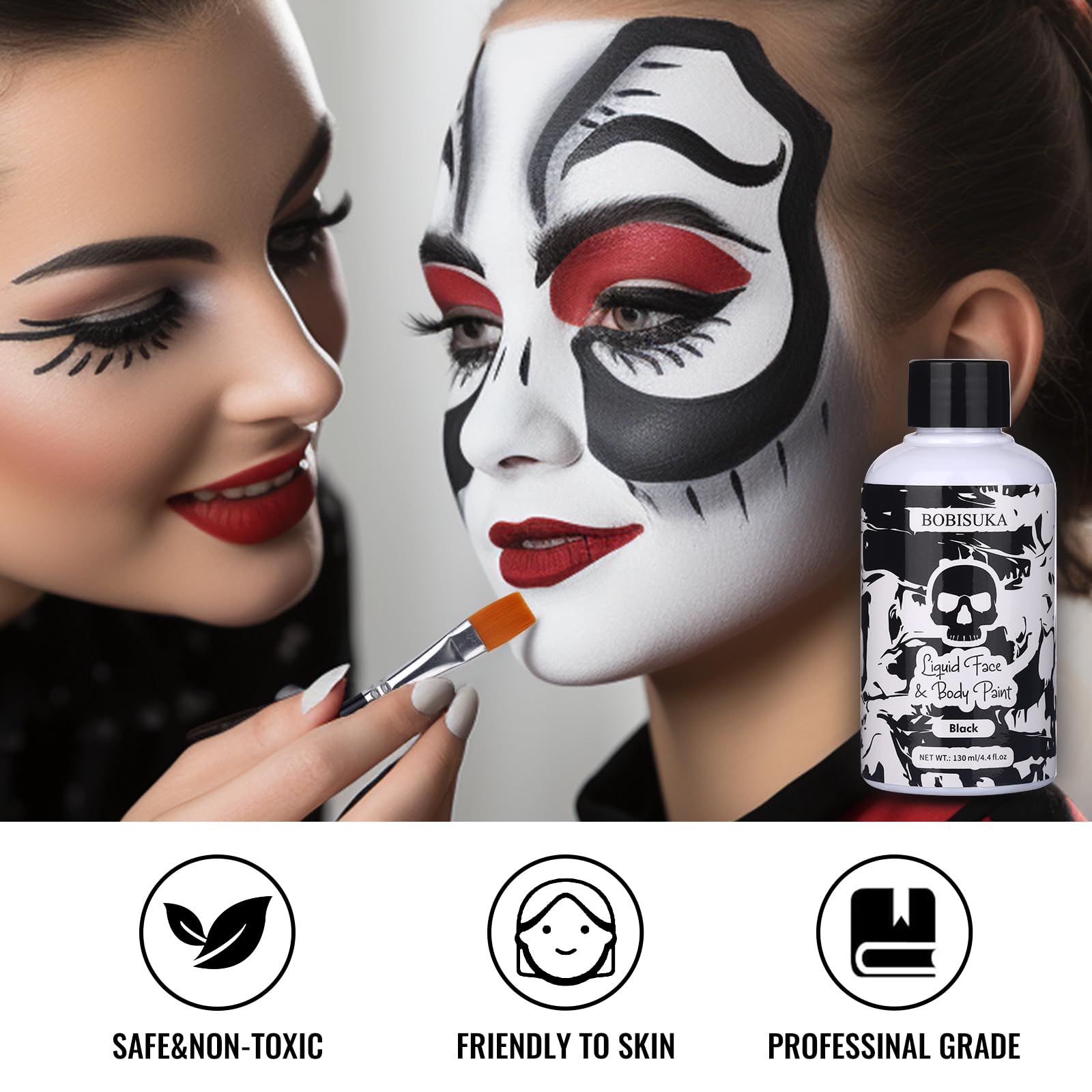 BOBISUKA Black Face Body Paint Liquid Texture Washable Non Toxic Facepaint Fast Drying Foundation Makeup for Halloween Clown Skeleton Skull Cosplay SFX Costume Party Large Capacity(130ml)