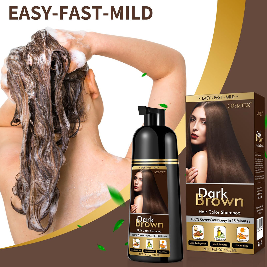 COSMTEK Dark Brown Hair Dye Shampoo for Gray Hair, Instant Natural Hair Color Shampoo for Women & Man, 3-In-1 & Semi-Permanent, Herbal Ingredients & Ammonia-Free, Fast Acting and Long Lasting