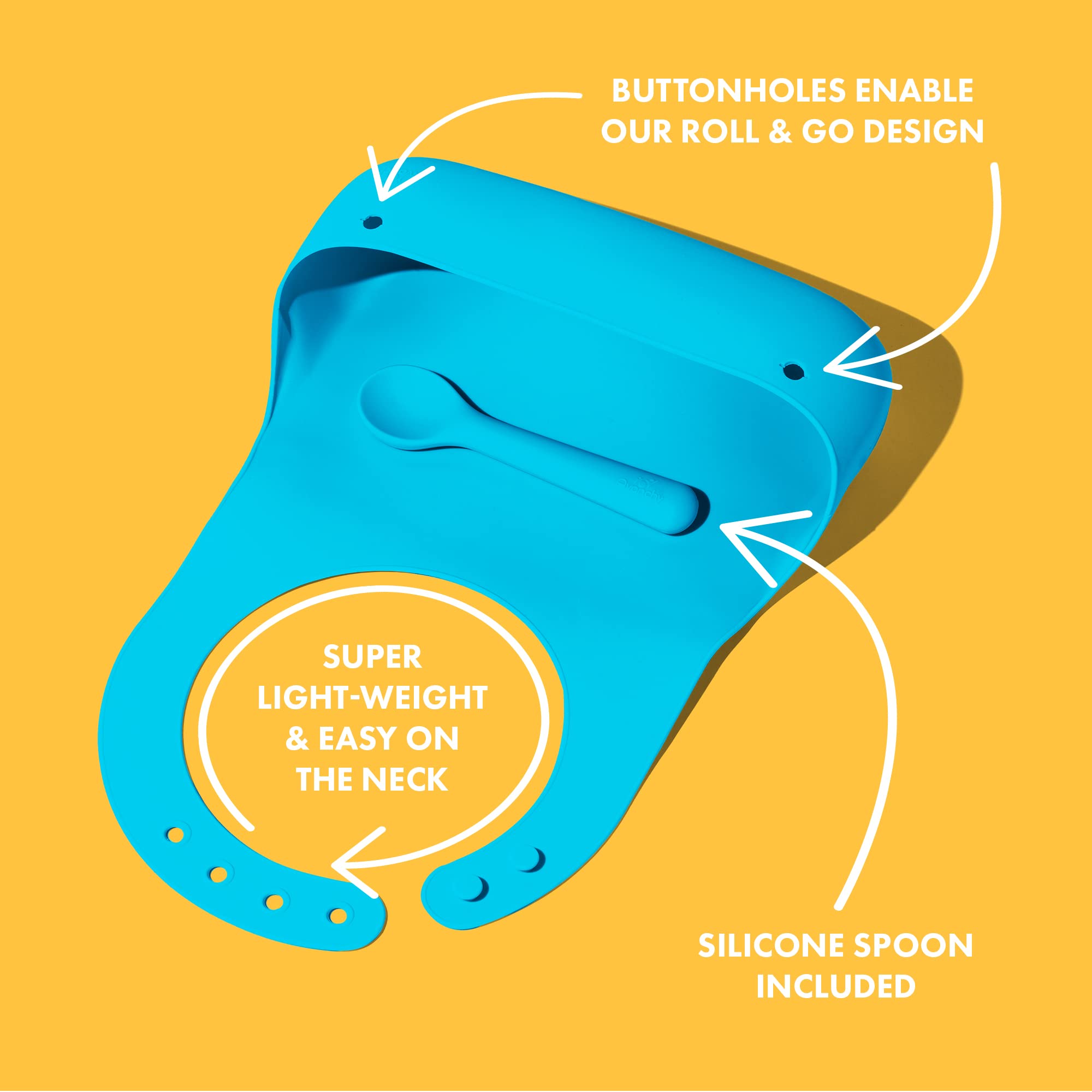 Avanchy Silicone Baby Bibs, Waterproof, Adjustable, BPA Free, Soft Unisex Set for Toddlers with Matching Spoon, Green