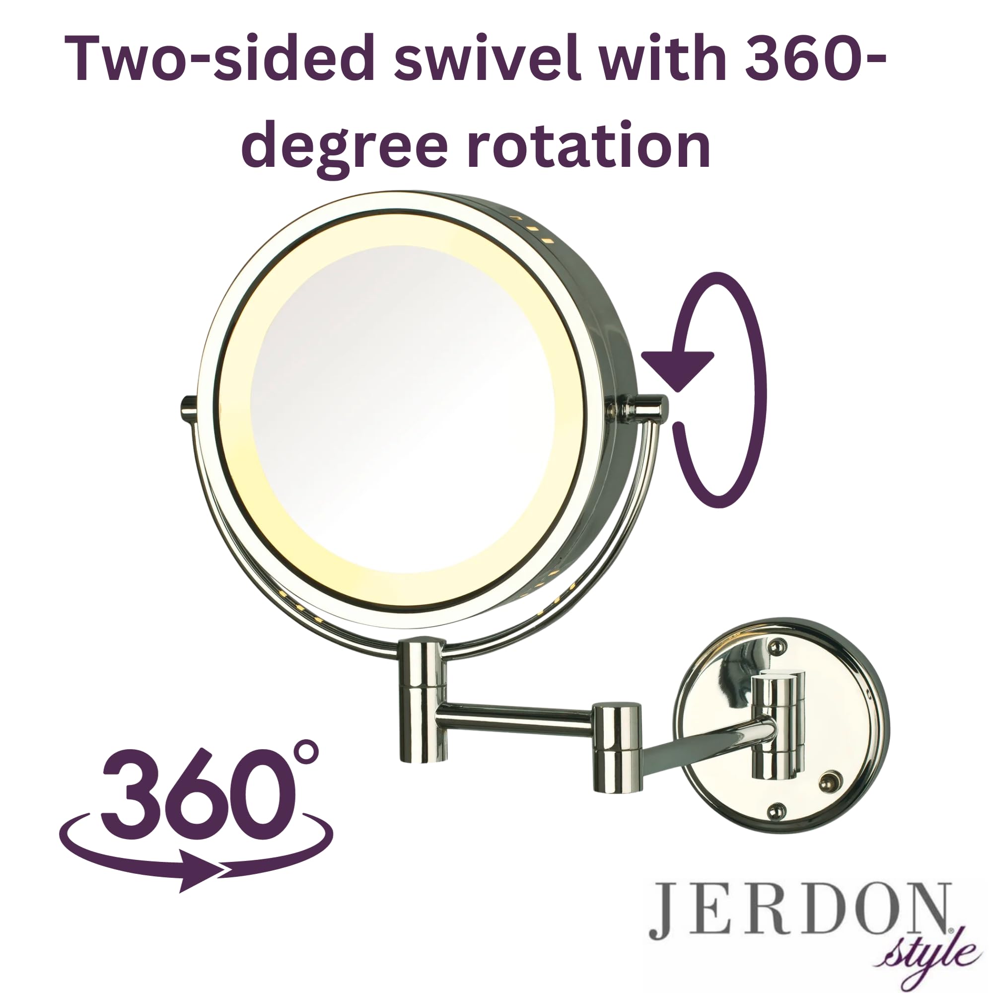 Jerdon Two-Sided Wall-Mounted Makeup Mirror with Lights - Direct Wire Lighted Mirror with 8X Magnification & Wall-Mount Arm - 8.5-inch Diameter Mirror with Chrome Finish Wall Mount - Model HL75CD