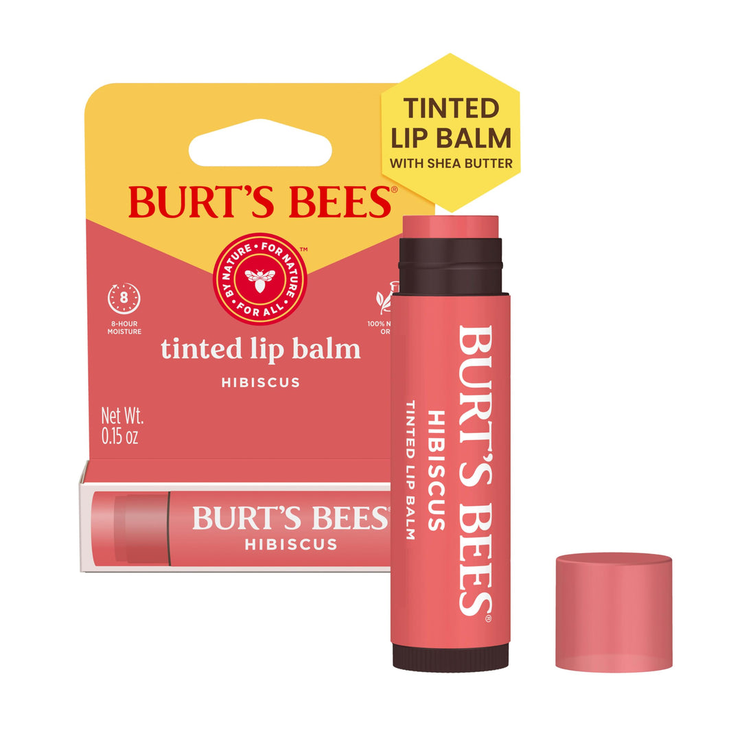 Burt's Bees Lip Tint Balm, Long Lasting 2 in 1 Duo Tinted Balm Formula, Color Infused with Hydrating Shea Butter for a Natural Looking Buildable Finish, Hibiscus, 1 Tube