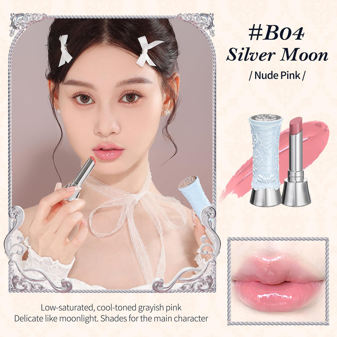 Flower Knows Swan Ballet Shine Solid Lip Gloss Stick-Moisturizing Tinted Lip Balm-Hydrating Lip Gloss in Balm-Long Lasting Lip Makeup for Girls&Women,Vegan & Cruelty-Free(B04 Silver Moon)