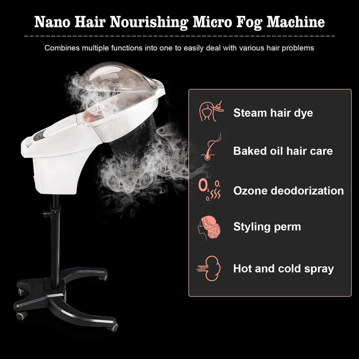 Hair Steamer Hair Mister Hooded Ozone O3 Micro Mist Hair Care Professional Machine White UV Protect Paint Unit Barber Shop Red Blue Light Black Natural Hair Deep Conditioning Wheel Base ET1408BM