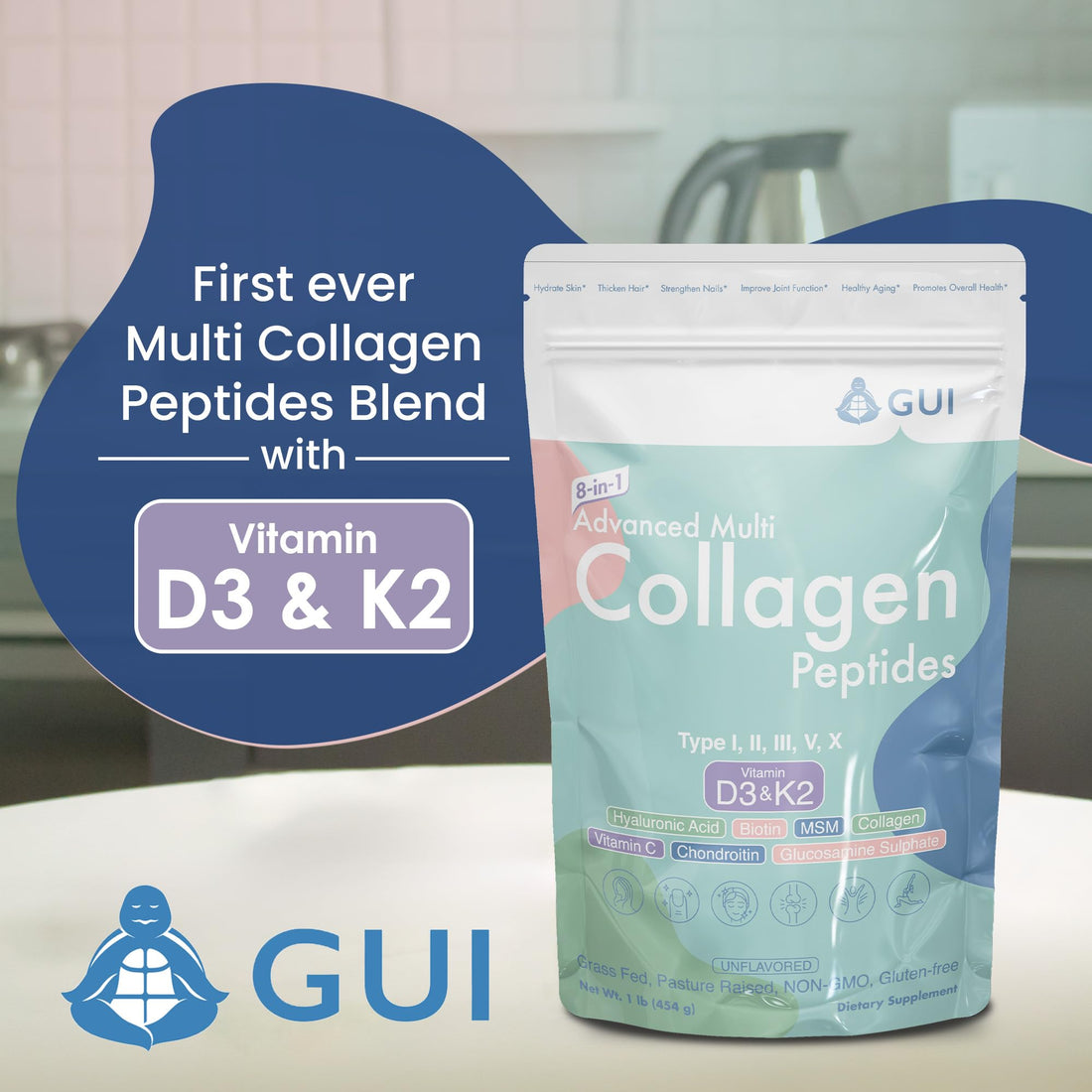 8in1 Advanced Multi Collagen Peptides, 16 Oz - Hydrolyzed Protein | Type I, II, III, V, X with Vitamin D3 & K2, Hyaluronic Acid, Biotin, Vitamin C, MSM, Glucosamine Sulphate & Chondroitin - Unflavored