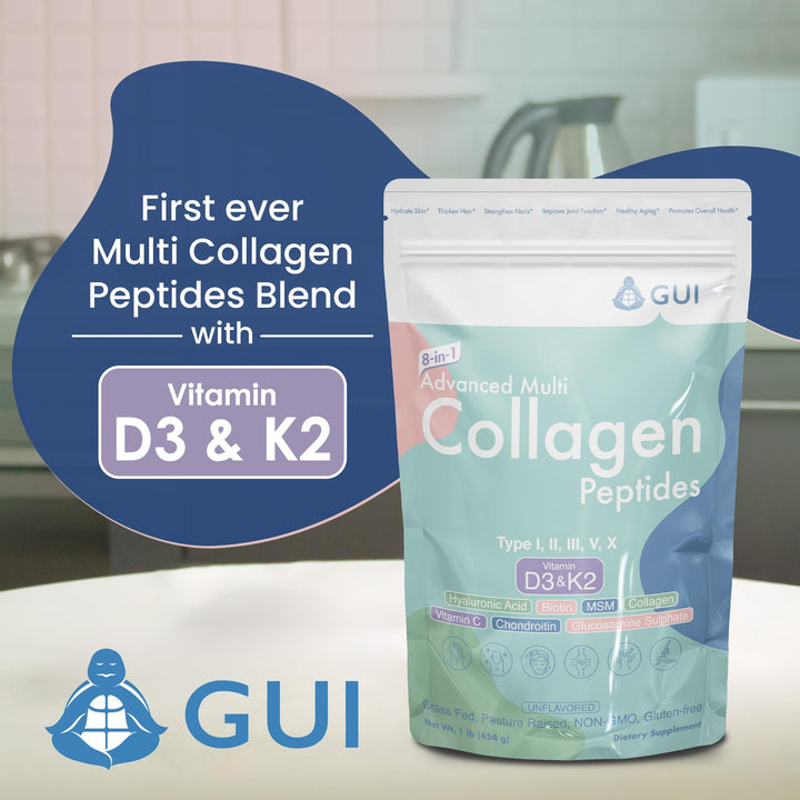 8in1 Advanced Multi Collagen Peptides, 16 Oz - Hydrolyzed Protein | Type I, II, III, V, X with Vitamin D3 & K2, Hyaluronic Acid, Biotin, Vitamin C, MSM, Glucosamine Sulphate & Chondroitin - Unflavored