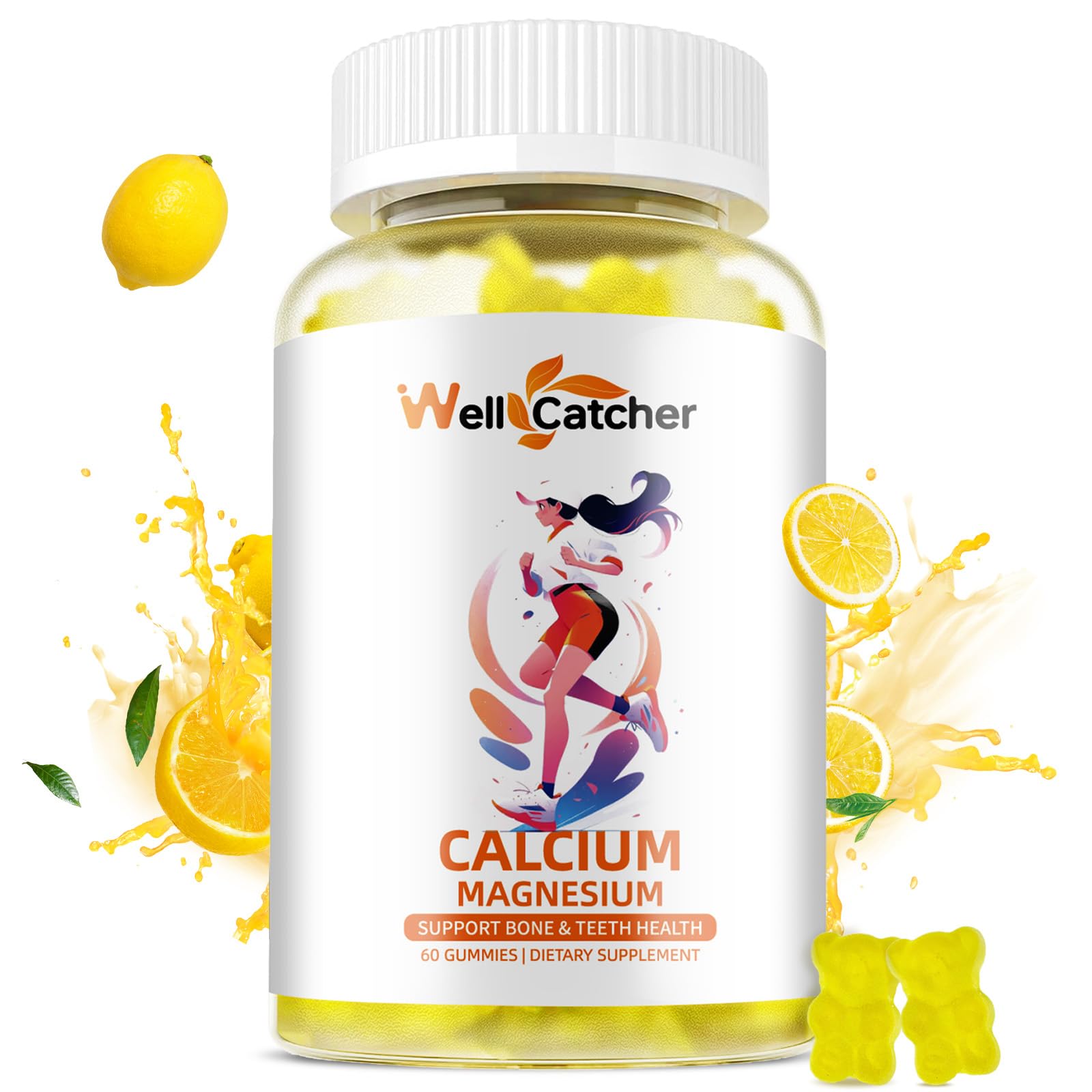 Wellcatcher Calcium Magnesium Gummies Adults Kids - Sugar Free Chewable Vegan Algae Calcium Supplements for Women Men Support Plus Bone Strength with Zinc Potassium Vitamin D3 K2 Lemon Flavor 60CT