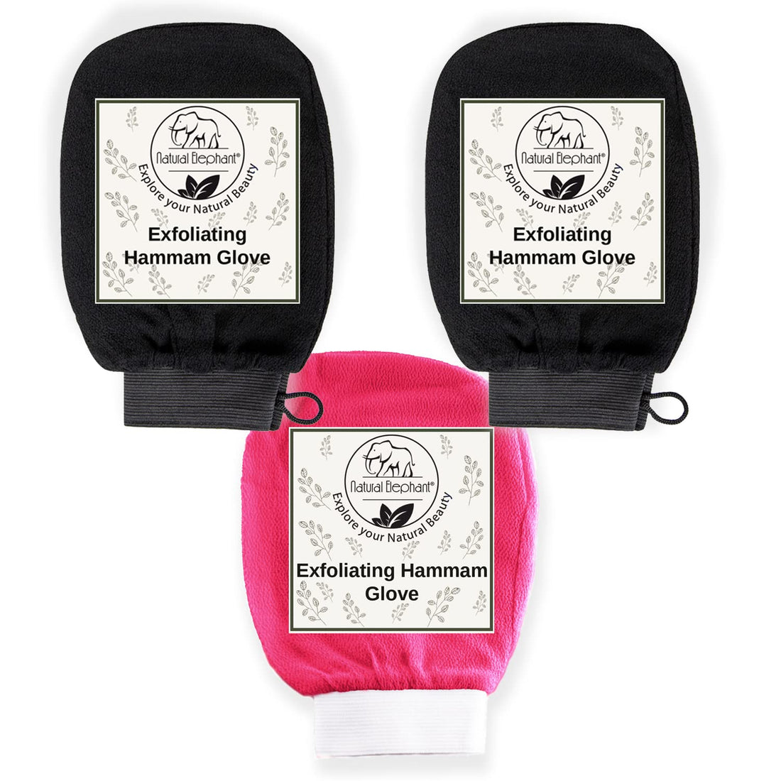Natural Elephant Exfoliating Hammam Glove (2 Black and 1 Pink (Pack of 3))