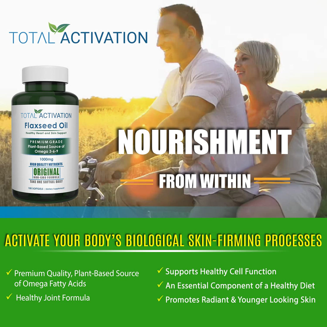 Organic Flaxseed Oil 1,000 mg Omega-3, Immune System Booster with Omega 3,6,9 from Natural ALA, Supports Healthy Hair, Skin and Nails, 100 Rich Liquid Softgels Per Bottle