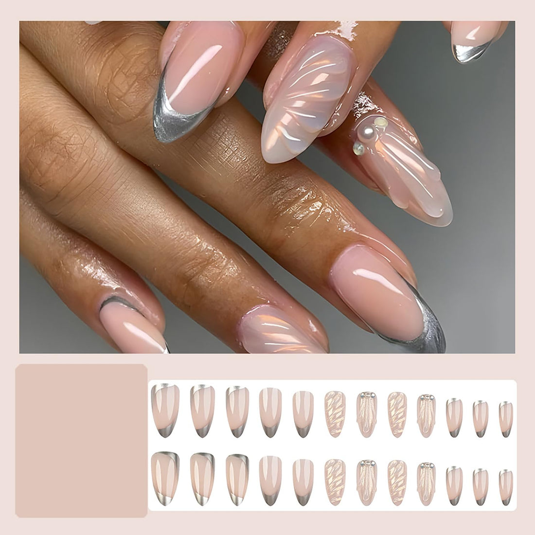 RIICFDD Medium Almond Press on Nails French Tip Fake Nails Sliver Tip Acrylic Nails 3D Water Ripple Glue on Nails Pearl Nail Charms Full Cover Reusable False Nails for Women Nail Art 24 Pcs