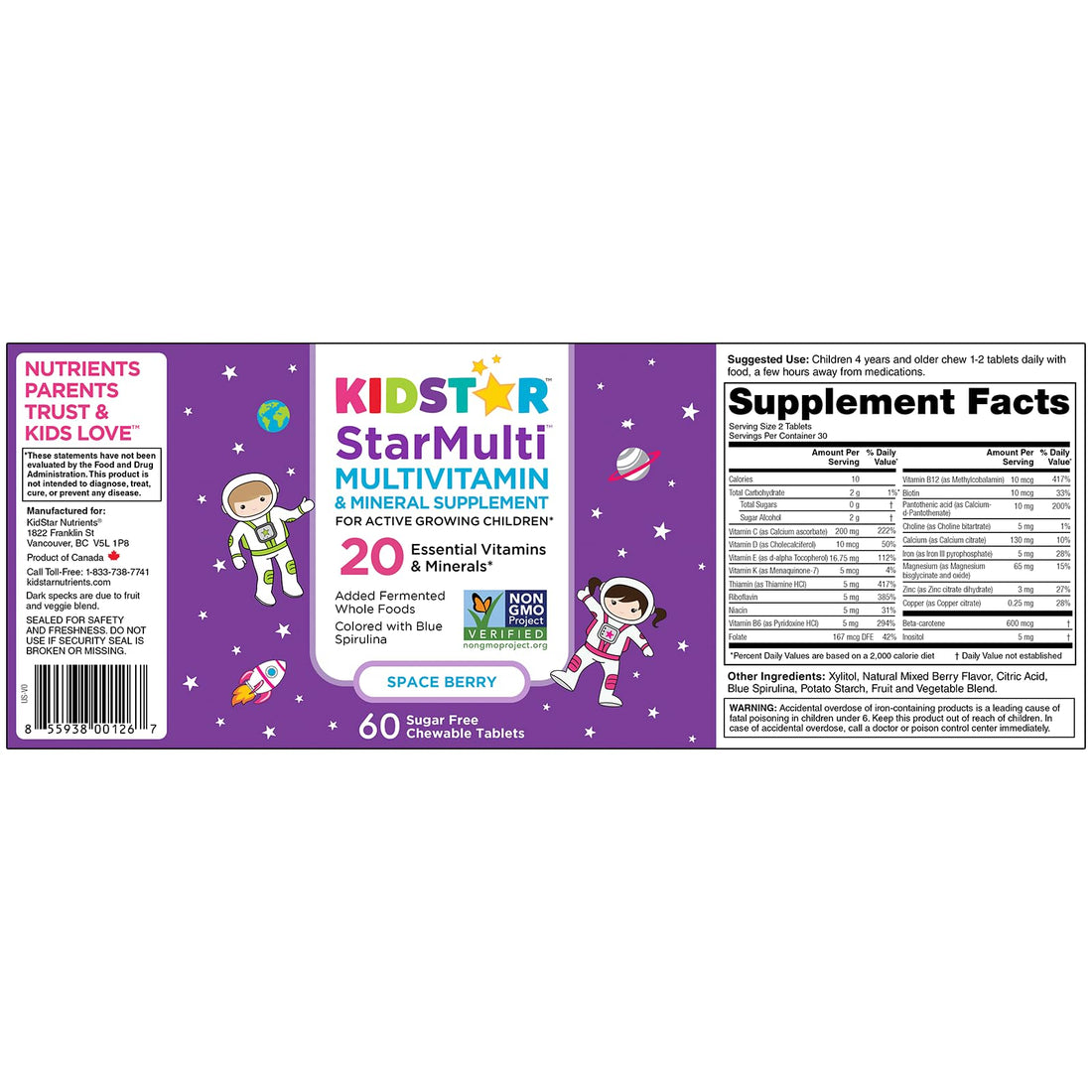 KidStar Nutrients StarMulti, Chewable Multivitamin and Multimineral Tablets for Kids, Plus Organic Fermented Whole Foods, Vegan, Sugar Free, Space Berry, 60 Chewable Tablets