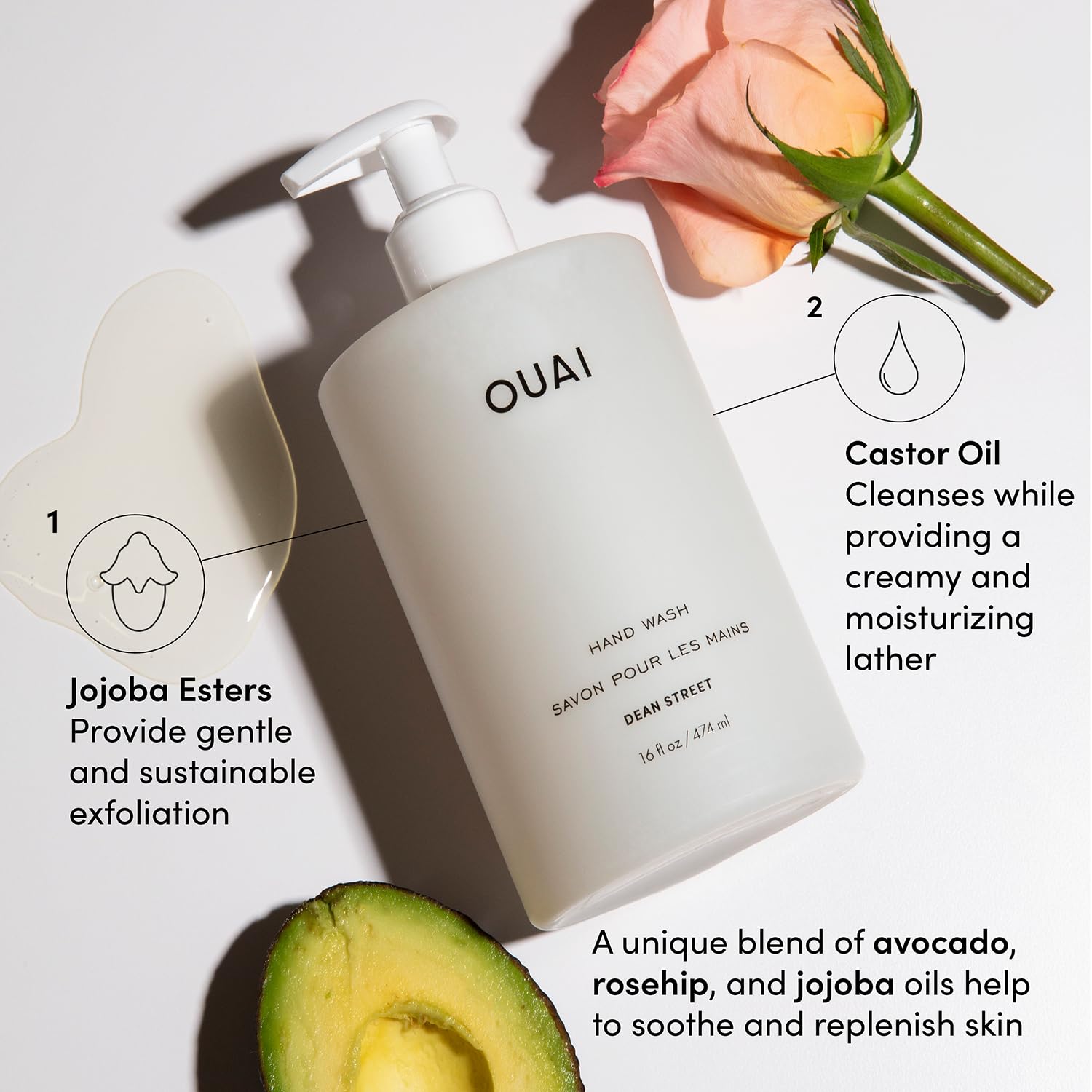 OUAI Hand Wash - Liquid Hand Soap with Jojoba, Avocado, & Rose Hip Oil for Replenished Skin - Gentle Exfoliating Bathroom + Kitchen Hand Soap (16 Fl Oz)