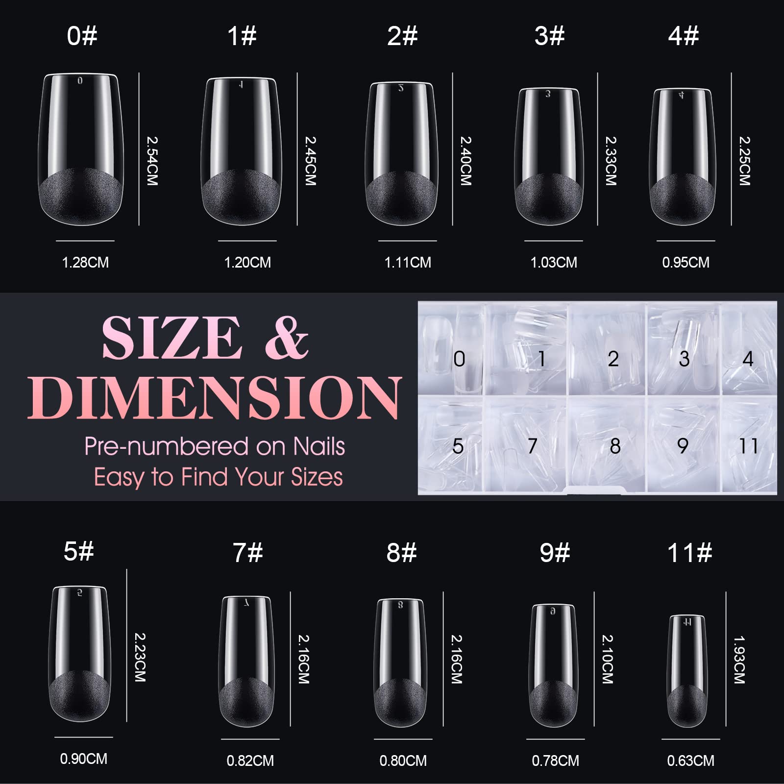 Gelike EC Soft Gel Nail Tips Kit for Soak Off Nail Extensions,Full Cover,Square Shaped,Pre-Buff PMMA Resin,Clear Ultra-Thin Design,10 Sizes,240 Pieces,Medium Square