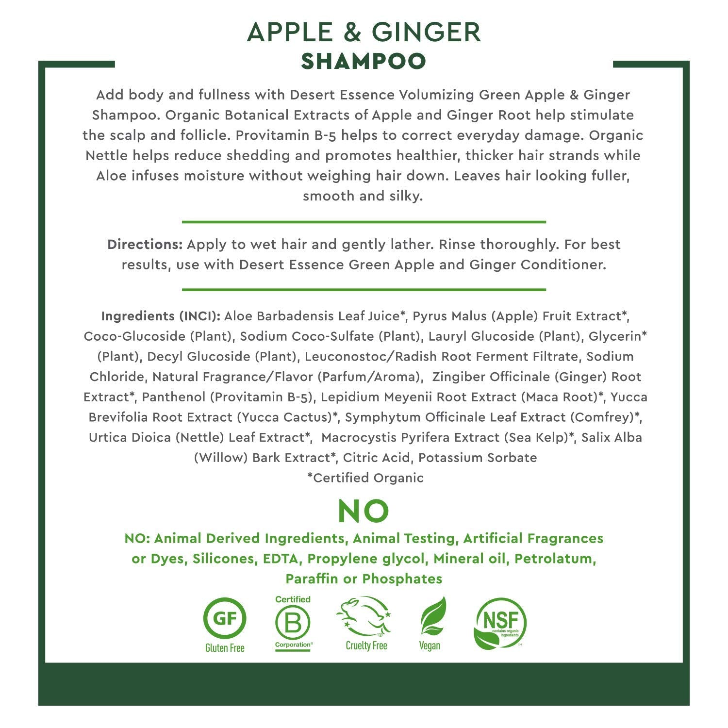 Desert Essence All Natural Organic Green Apple & Ginger Volumizing Shampoo and Conditioner Bundle With Aloe Vera, Kelp, Nettle and Ginger for Cleansing Environmental Pollutants, 8 fl. oz. each