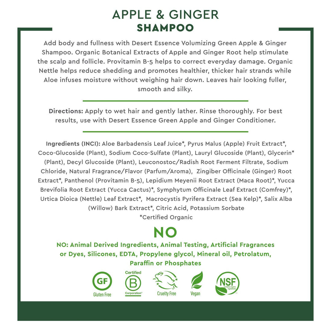 Desert Essence All Natural Organic Green Apple & Ginger Volumizing Shampoo and Conditioner Bundle With Aloe Vera, Kelp, Nettle and Ginger for Cleansing Environmental Pollutants, 8 fl. oz. each
