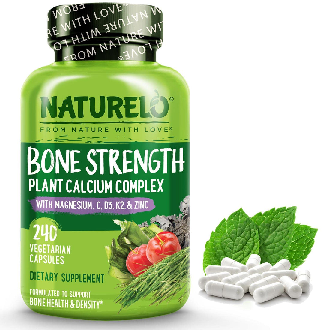 NATURELO Calcium Supplement - with Vitamin C, Vitamin D3, K2, and Calcium Magnesium Zinc for Bone Strength with Calcium 600mg - Plant-Based, 240 Vegetarian Capsules, Non-GMO, Soy & Gluten-Free