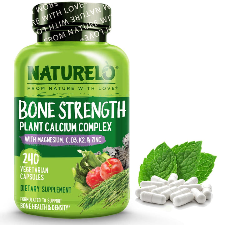 NATURELO Calcium Supplement - with Vitamin C, Vitamin D3, K2, and Calcium Magnesium Zinc for Bone Strength with Calcium 600mg - Plant-Based, 240 Vegetarian Capsules, Non-GMO, Soy & Gluten-Free
