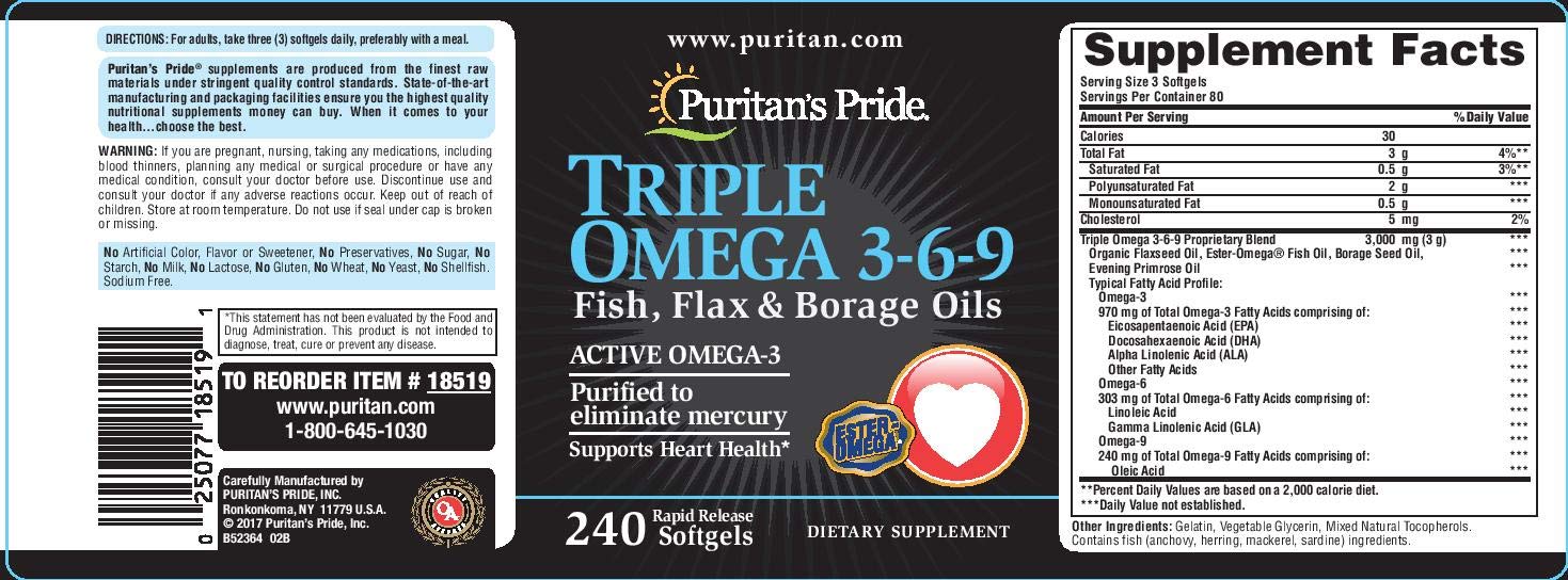 Puritan's Pride Premium Triple Active Omega 3-6-9 Fish, Flax, and Borage Oils, Dietary Supplement for Heart, Joint, And Cellular Health Support, 240 Rapid Release Softgels