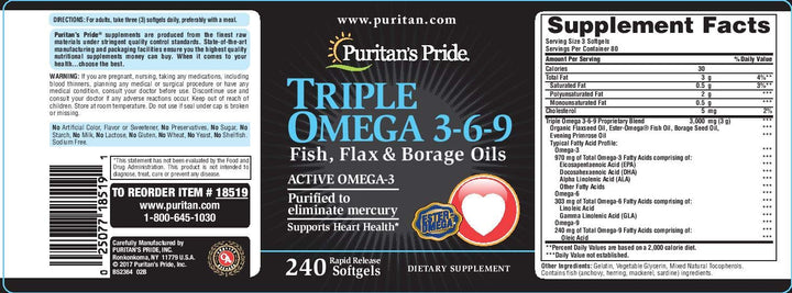 Puritan's Pride Premium Triple Active Omega 3-6-9 Fish, Flax, and Borage Oils, Dietary Supplement for Heart, Joint, And Cellular Health Support, 240 Rapid Release Softgels