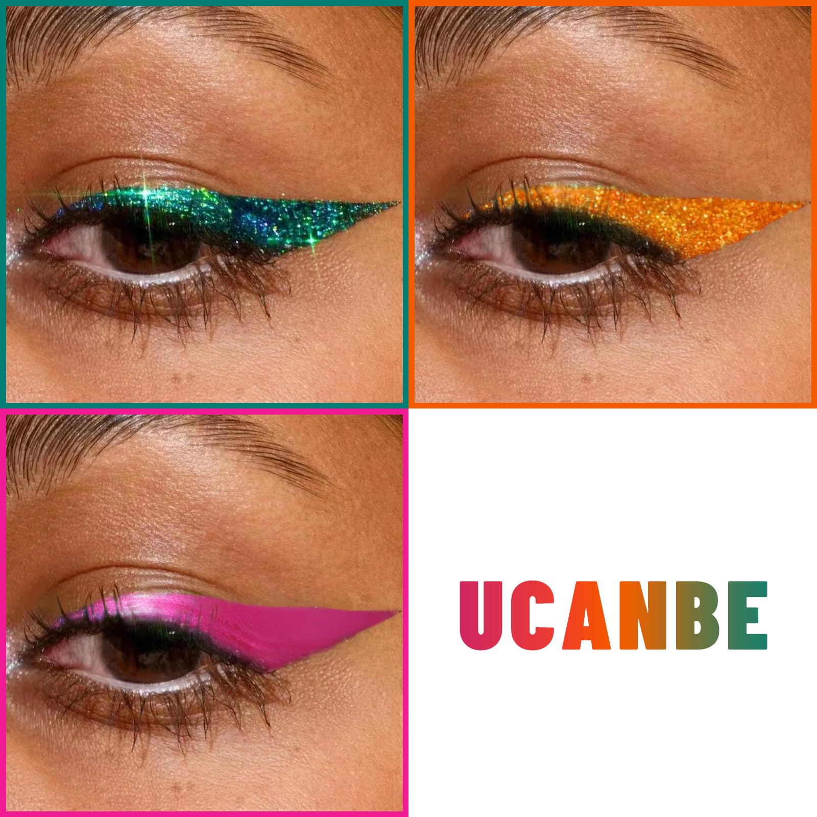 UCANBE 3PC Glitter Liquid Eyeliner Makeup Pen, Green, Pink, Orange Color Metallic Satin Finish Eye Liner Set, Long Lasting High Pigmented with Waterproof & Smudge Proof Formula