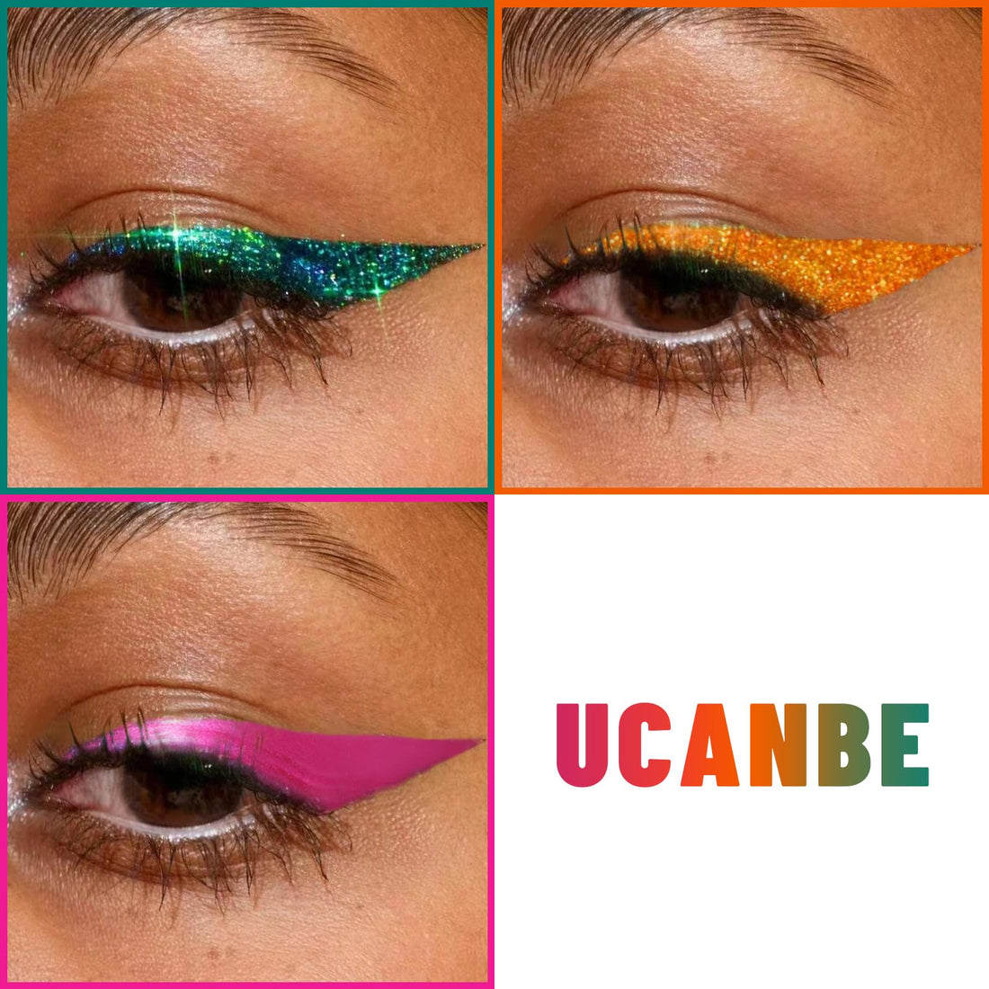 UCANBE 3PC Glitter Liquid Eyeliner Makeup Pen, Green, Pink, Orange Color Metallic Satin Finish Eye Liner Set, Long Lasting High Pigmented with Waterproof & Smudge Proof Formula