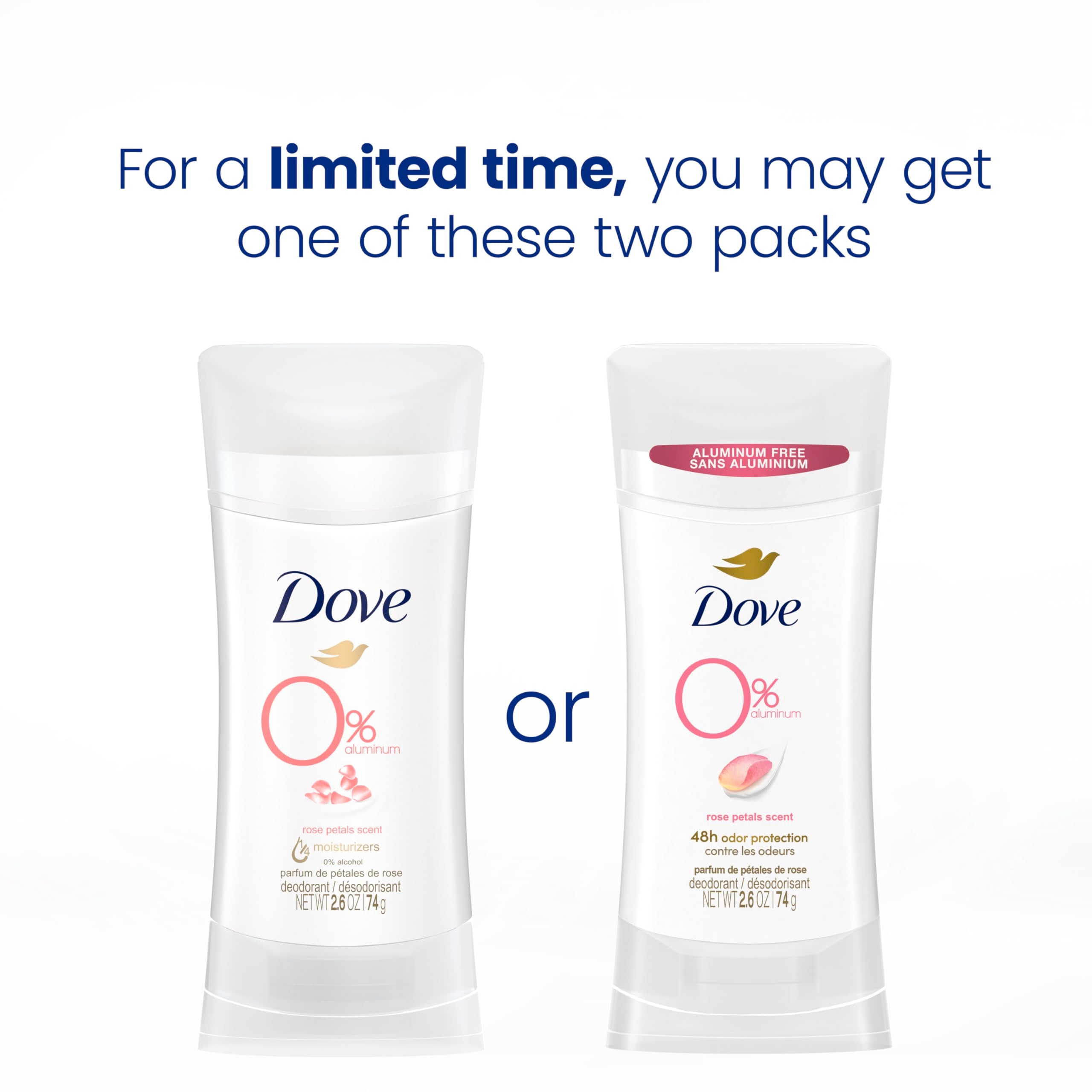 Dove 0% Aluminum Free Deodorant 24-hour Odor Protection Rose Petals Deodorant for Women 2.6 OZ, 3 Count