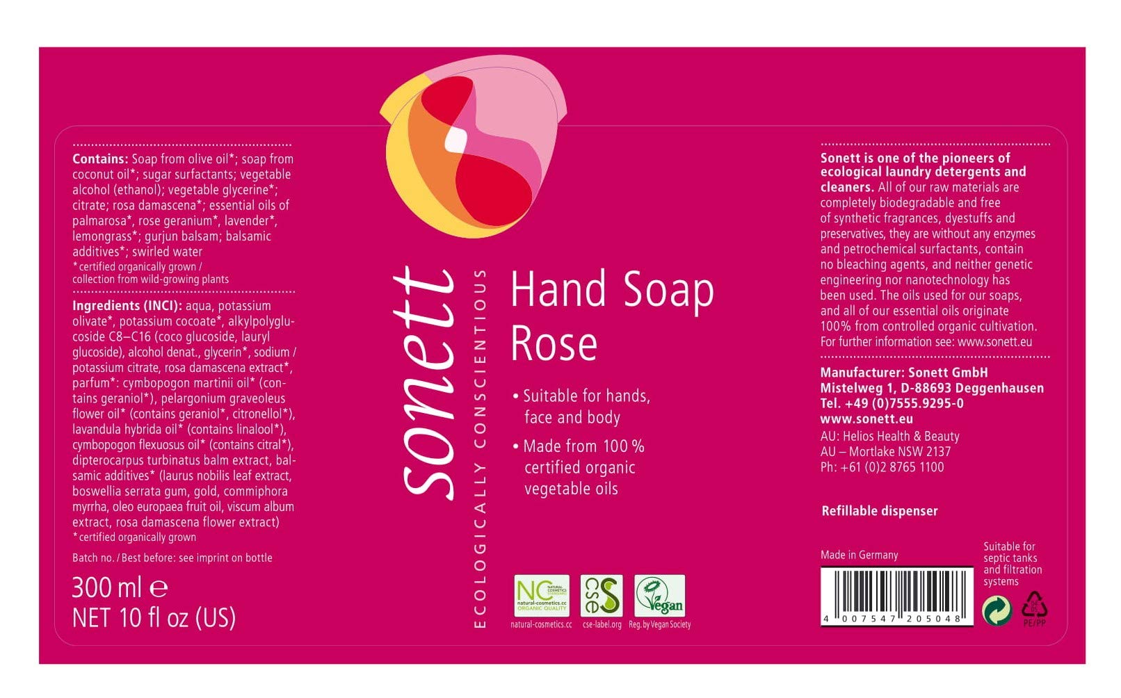 Sonett Organic Hand Soap with Pump, 300 mL (Rose)